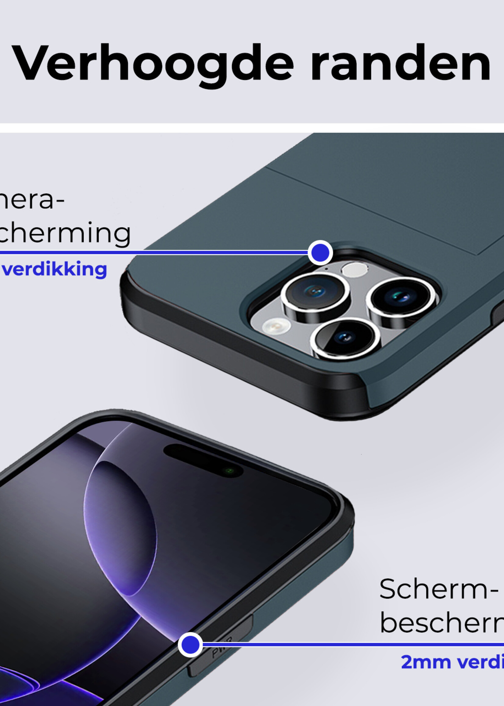 BTH Hoesje Geschikt voor iPhone 16 Pro Max Hoesje Met Pasjeshouder Hard Case Met Kaarthouder Met Screenprotector - Hoes Geschikt voor iPhone 16 Pro Max Hoesje Shock Proof Case - Donkerblauw