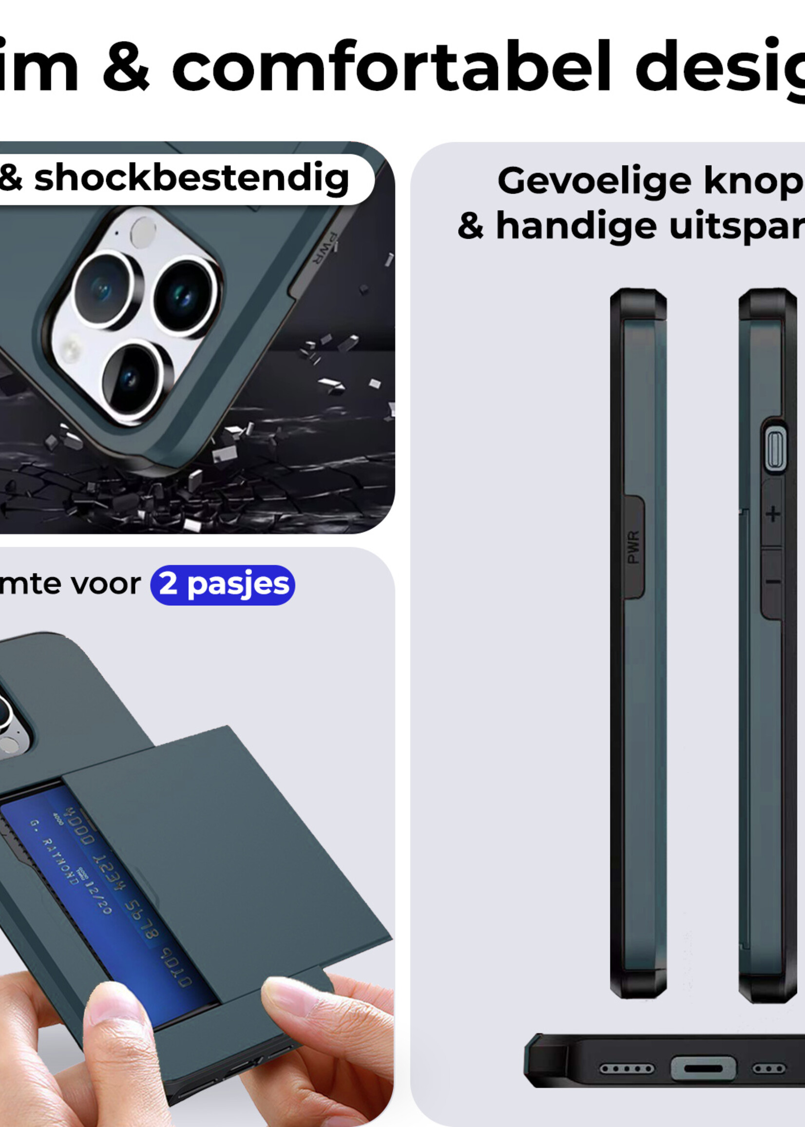 BTH Hoesje Geschikt voor iPhone 16 Pro Max Hoesje Met Pasjeshouder Hard Case Met Kaarthouder Met Screenprotector - Hoes Geschikt voor iPhone 16 Pro Max Hoesje Shock Proof Case - Donkerblauw