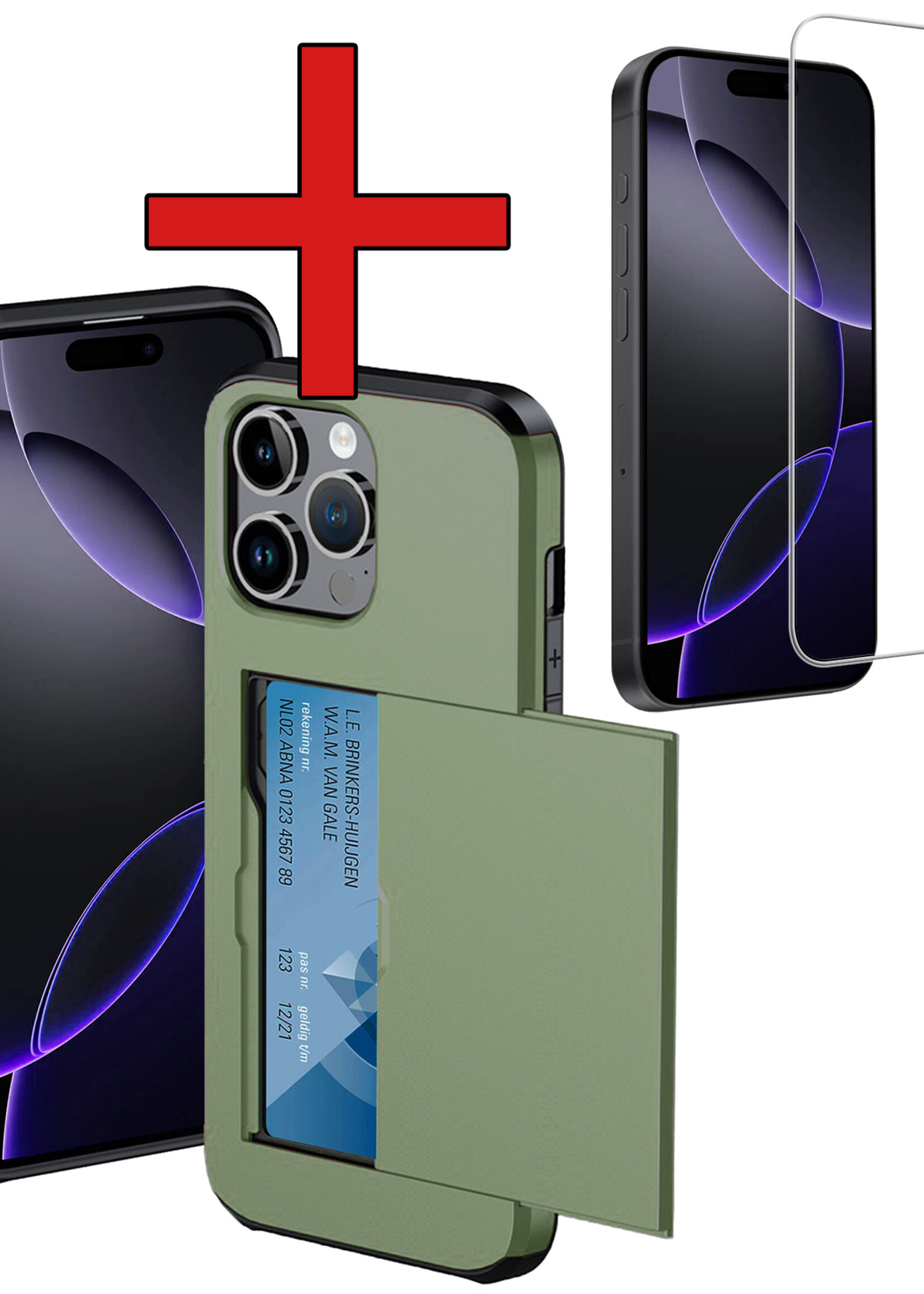 BTH Hoesje Geschikt voor iPhone 16 Pro Max Hoesje Met Pasjeshouder Hard Case Met Kaarthouder Met Screenprotector - Hoes Geschikt voor iPhone 16 Pro Max Hoesje Shock Proof Case - Donkergroen
