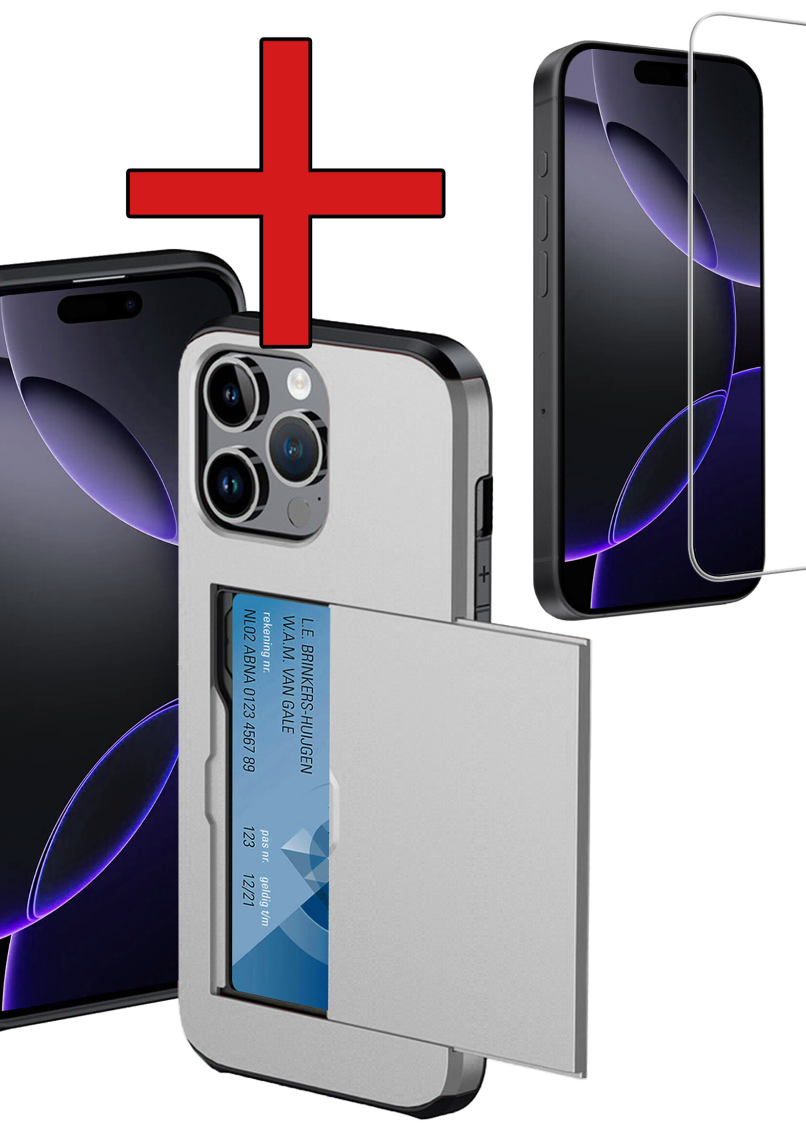 BTH Hoesje Geschikt voor iPhone 16 Pro Max Hoesje Met Pasjeshouder Hard Case Met Kaarthouder Met Screenprotector - Hoes Geschikt voor iPhone 16 Pro Max Hoesje Shock Proof Case - Grijs