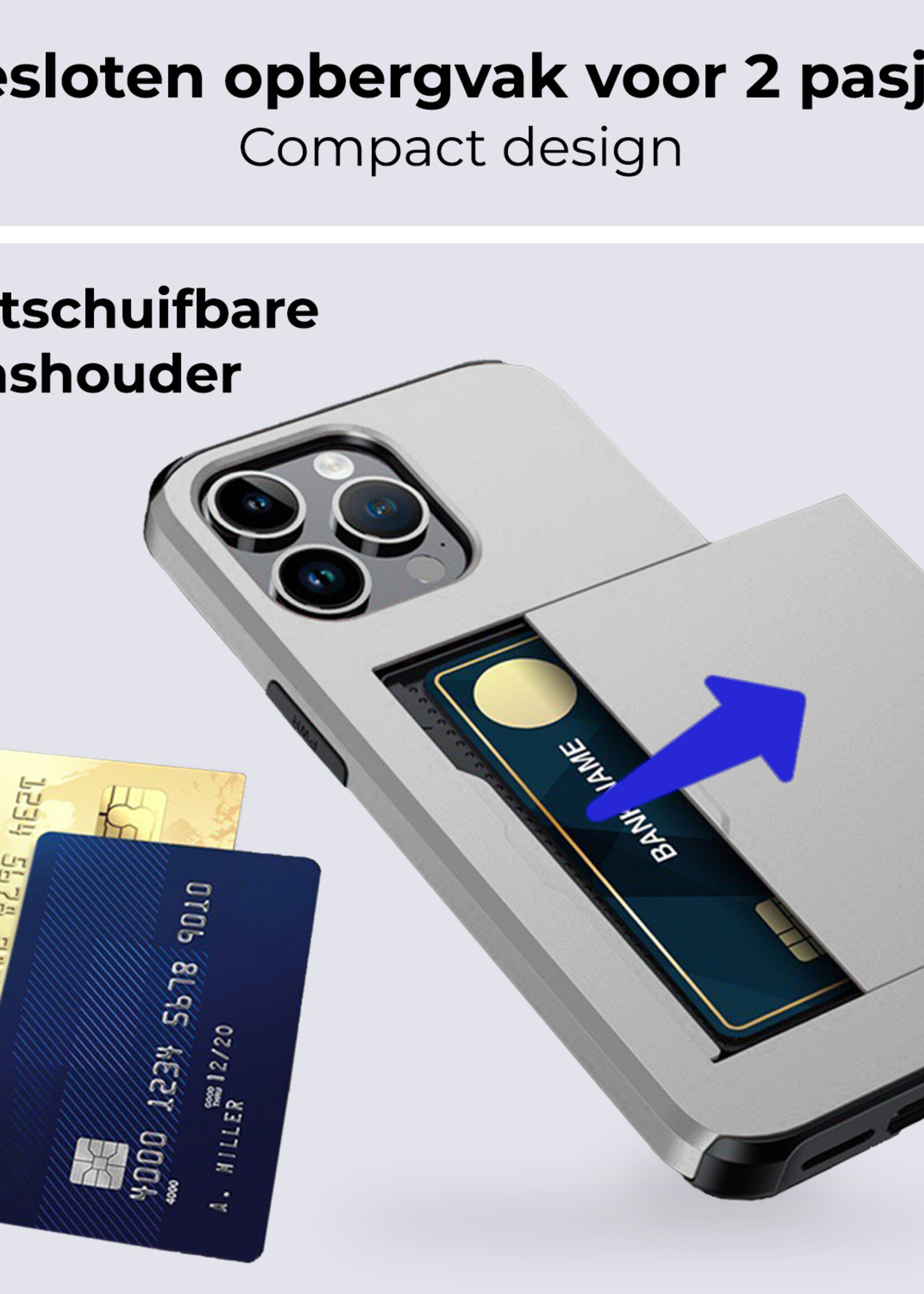 BTH Hoesje Geschikt voor iPhone 16 Pro Max Hoesje Met Pasjeshouder Hard Case Met Kaarthouder Met Screenprotector - Hoes Geschikt voor iPhone 16 Pro Max Hoesje Shock Proof Case - Grijs