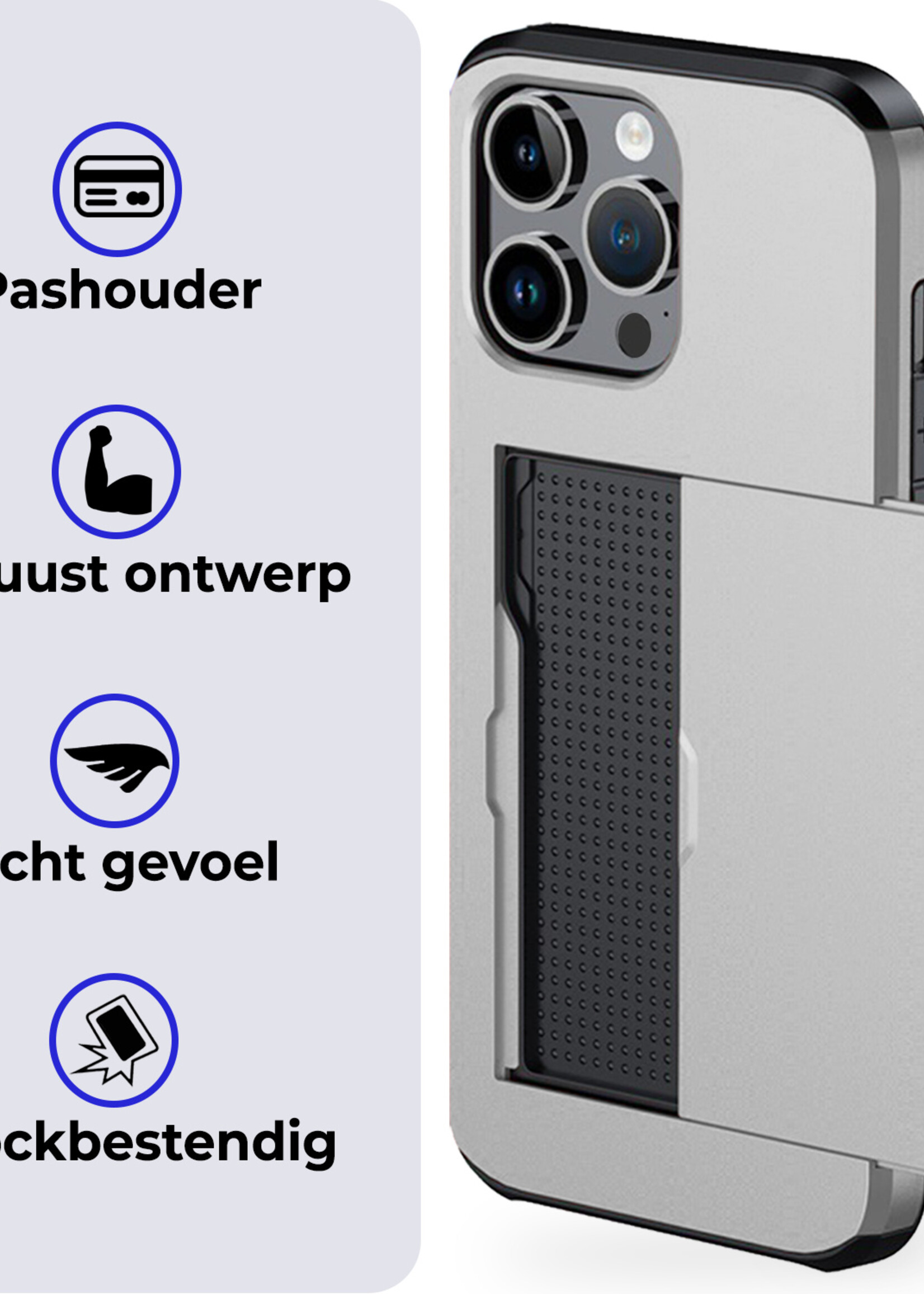 BTH Hoesje Geschikt voor iPhone 16 Pro Max Hoesje Met Pasjeshouder Hard Case Met Kaarthouder Met Screenprotector - Hoes Geschikt voor iPhone 16 Pro Max Hoesje Shock Proof Case - Grijs