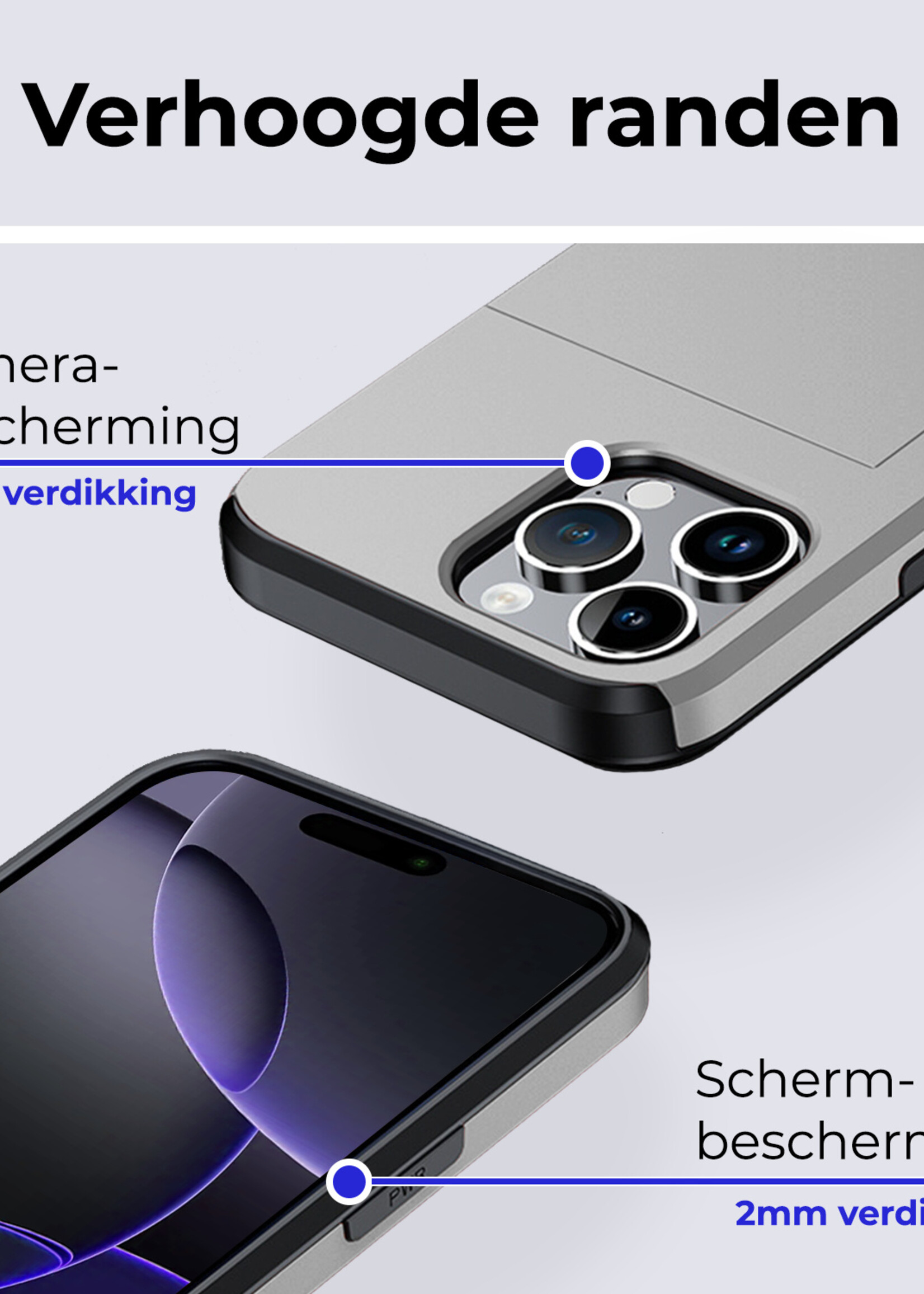 BTH Hoesje Geschikt voor iPhone 16 Pro Max Hoesje Met Pasjeshouder Hard Case Met Kaarthouder Met Screenprotector - Hoes Geschikt voor iPhone 16 Pro Max Hoesje Shock Proof Case - Grijs