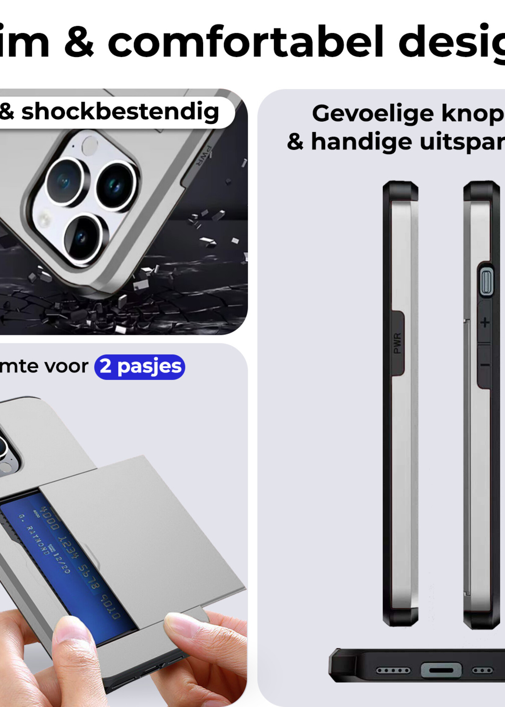 BTH Hoesje Geschikt voor iPhone 16 Pro Max Hoesje Met Pasjeshouder Hard Case Met Kaarthouder Met Screenprotector - Hoes Geschikt voor iPhone 16 Pro Max Hoesje Shock Proof Case - Grijs