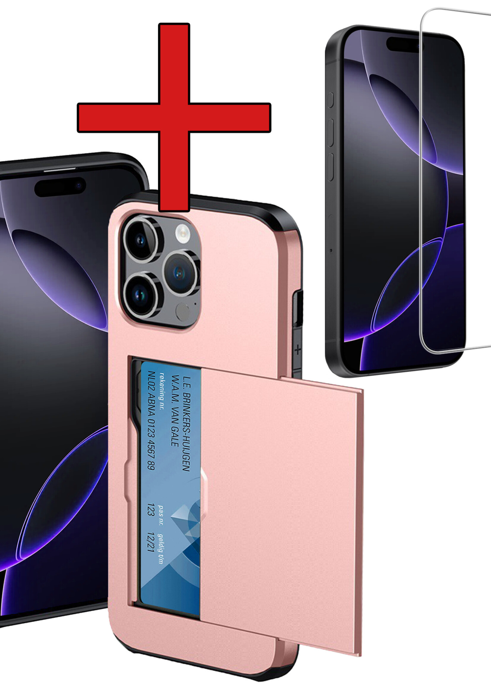 BTH Hoesje Geschikt voor iPhone 16 Pro Max Hoesje Met Pasjeshouder Hard Case Met Kaarthouder Met Screenprotector - Hoes Geschikt voor iPhone 16 Pro Max Hoesje Shock Proof Case - Rosé goud