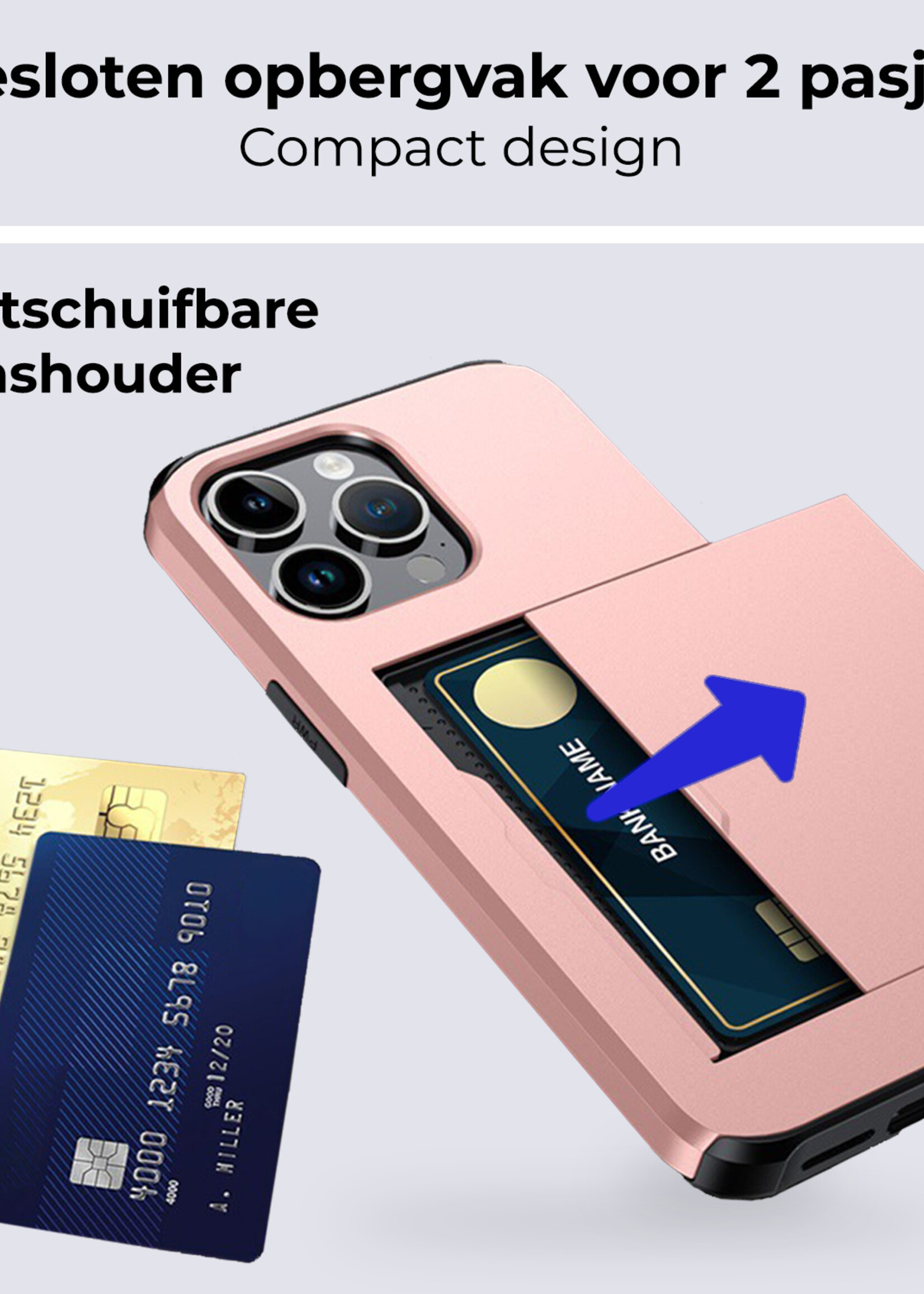 BTH Hoesje Geschikt voor iPhone 16 Pro Max Hoesje Met Pasjeshouder Hard Case Met Kaarthouder Met Screenprotector - Hoes Geschikt voor iPhone 16 Pro Max Hoesje Shock Proof Case - Rosé goud