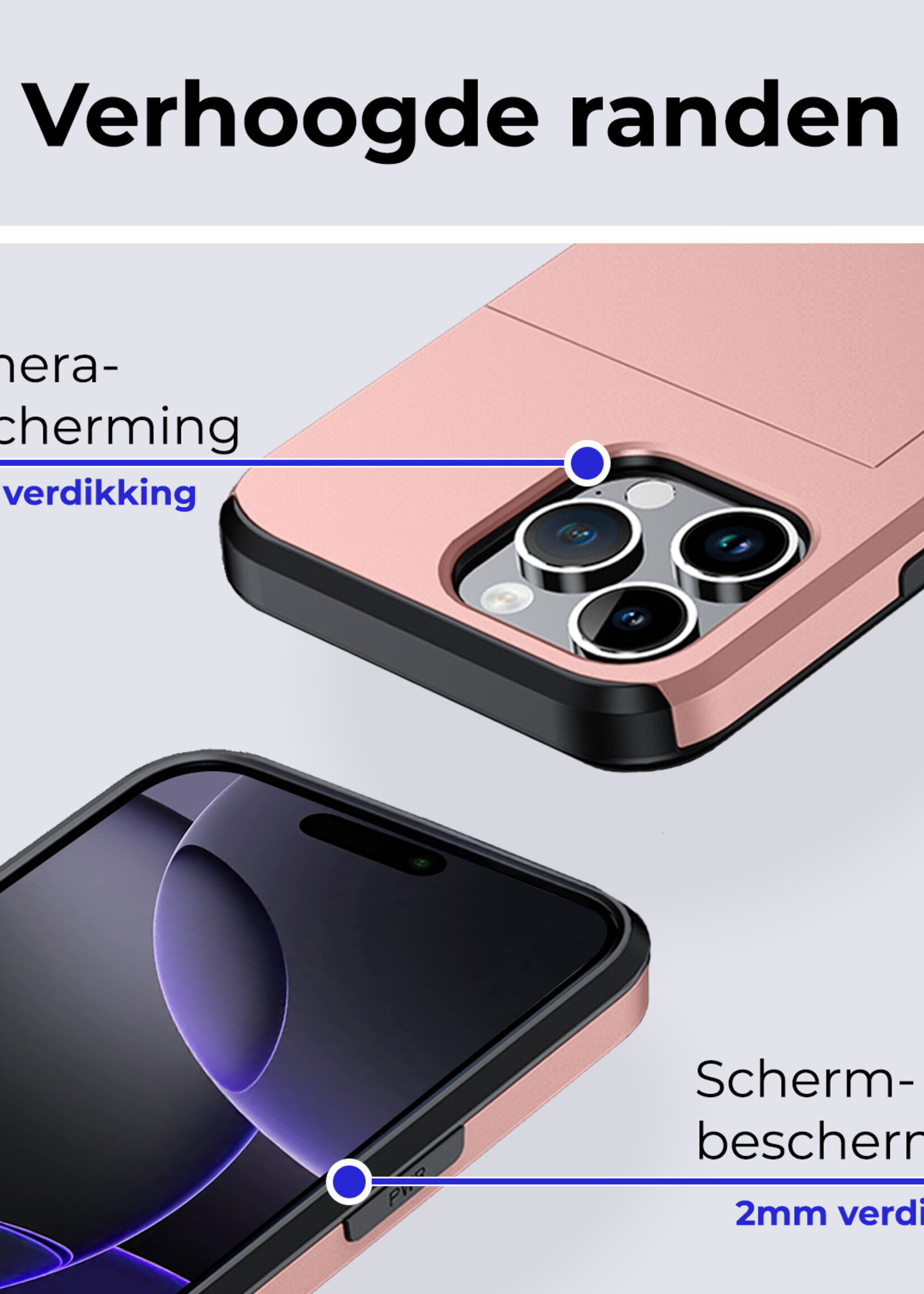 BTH Hoesje Geschikt voor iPhone 16 Pro Max Hoesje Met Pasjeshouder Hard Case Met Kaarthouder Met Screenprotector - Hoes Geschikt voor iPhone 16 Pro Max Hoesje Shock Proof Case - Rosé goud