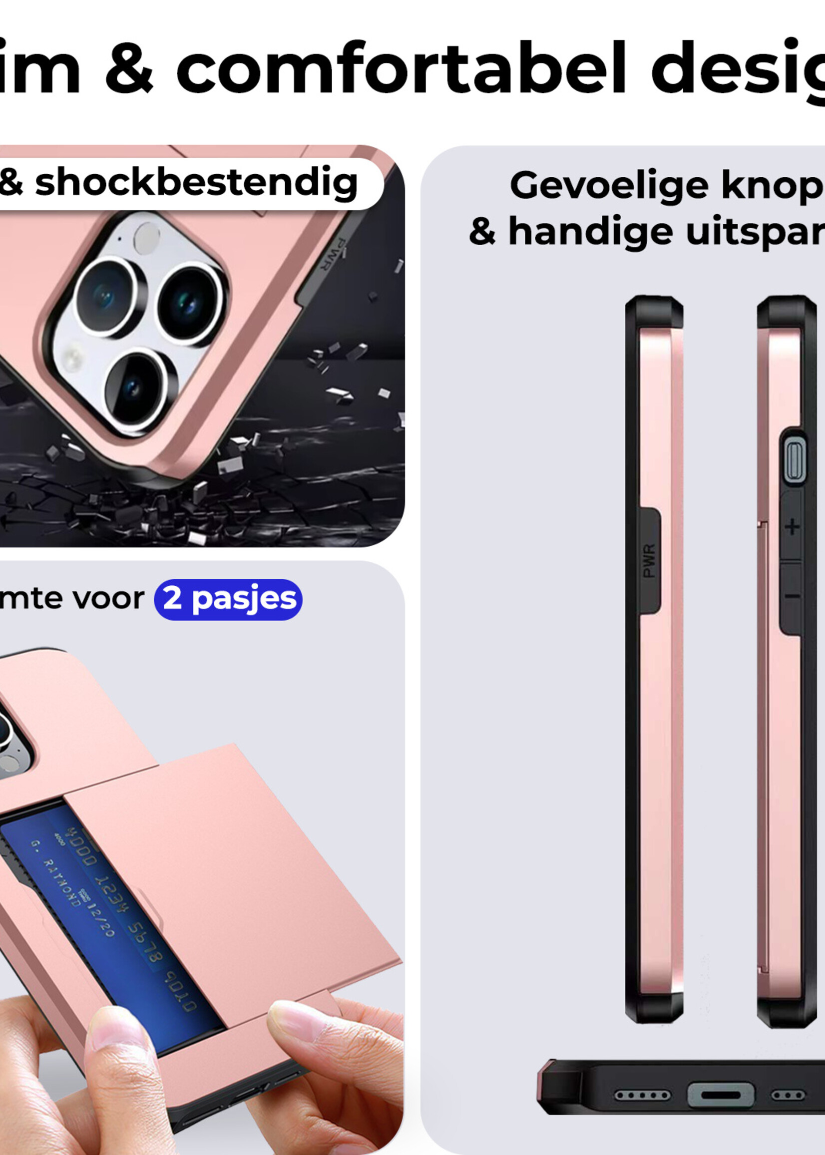 BTH Hoesje Geschikt voor iPhone 16 Pro Max Hoesje Met Pasjeshouder Hard Case Met Kaarthouder Met Screenprotector - Hoes Geschikt voor iPhone 16 Pro Max Hoesje Shock Proof Case - Rosé goud