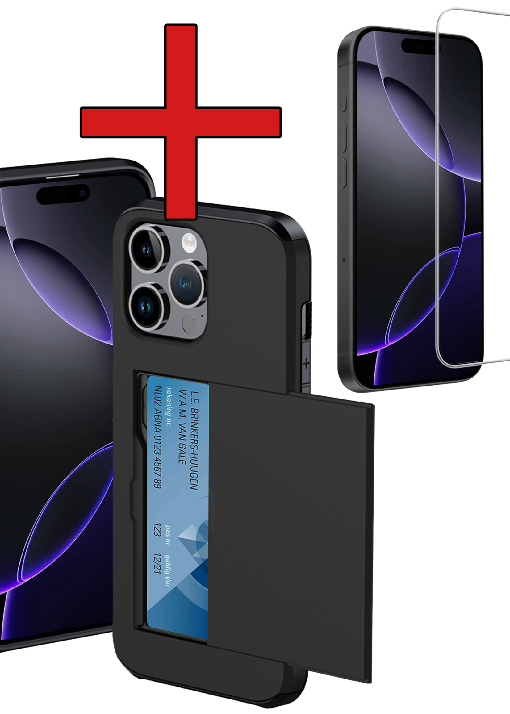 BTH Hoesje Geschikt voor iPhone 16 Pro Max Hoesje Met Pasjeshouder Hard Case Met Kaarthouder Met Screenprotector - Hoes Geschikt voor iPhone 16 Pro Max Hoesje Shock Proof Case - Zwart