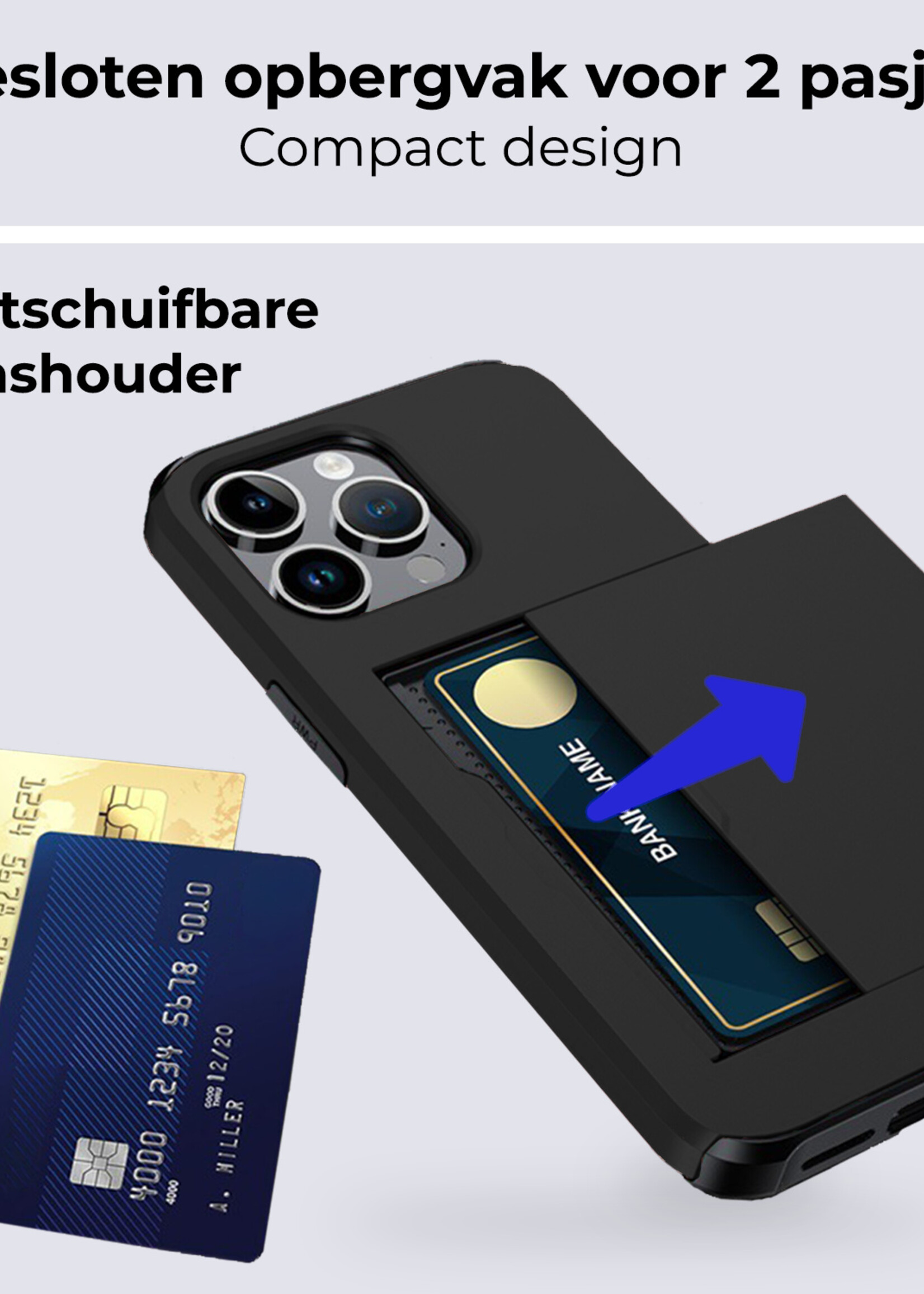 BTH Hoesje Geschikt voor iPhone 16 Pro Max Hoesje Met Pasjeshouder Hard Case Met Kaarthouder Met Screenprotector - Hoes Geschikt voor iPhone 16 Pro Max Hoesje Shock Proof Case - Zwart
