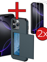 BTH BTH iPhone 16 Pro Max Hoesje Pashouder Hard Met 2x Screenprotector - Donker Blauw