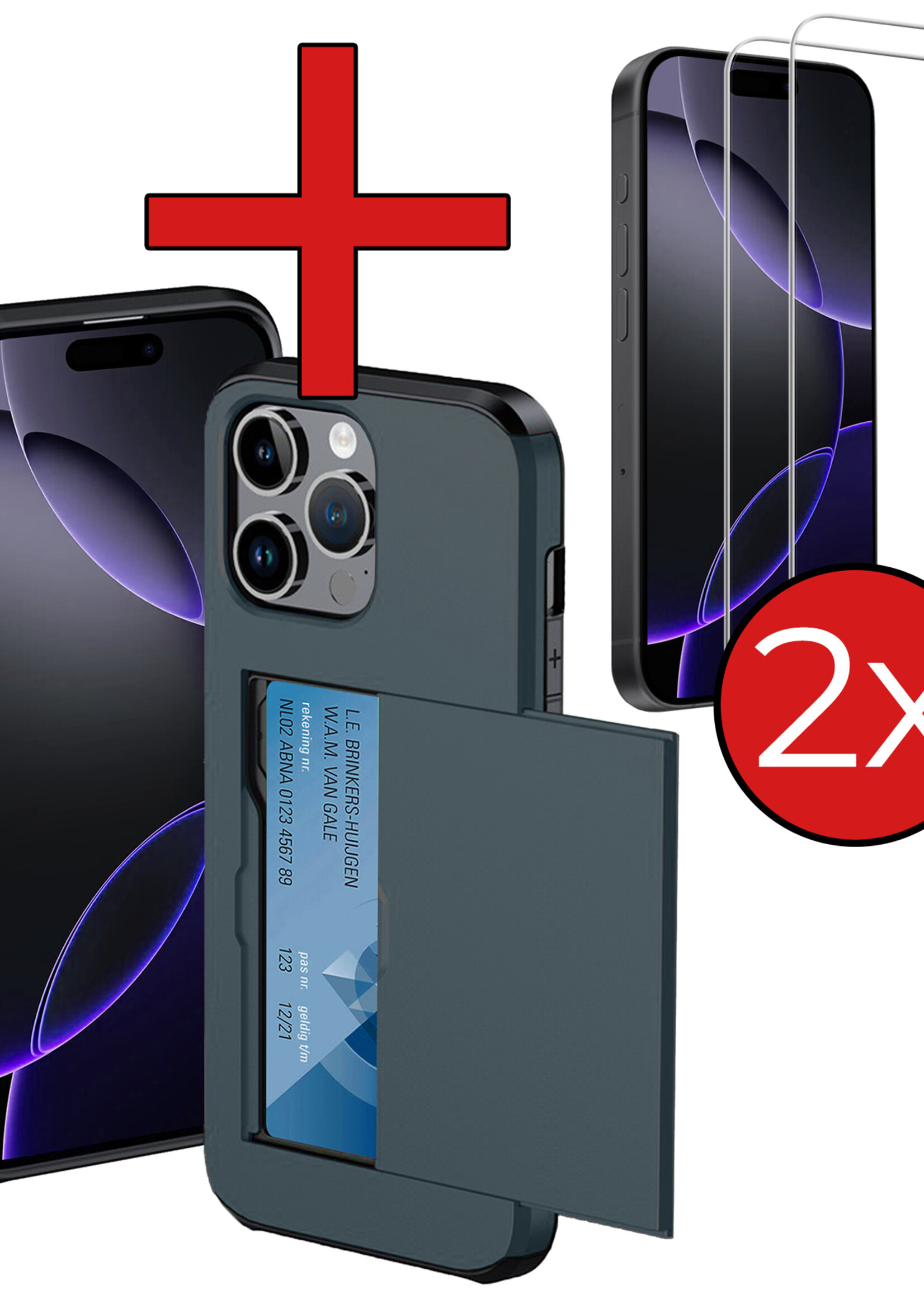 BTH Hoesje Geschikt voor iPhone 16 Pro Max Hoesje Met Pasjeshouder Hard Case Met Kaarthouder Met 2x Screenprotector - Hoes Geschikt voor iPhone 16 Pro Max Hoesje Shock Proof Case - Donkerblauw