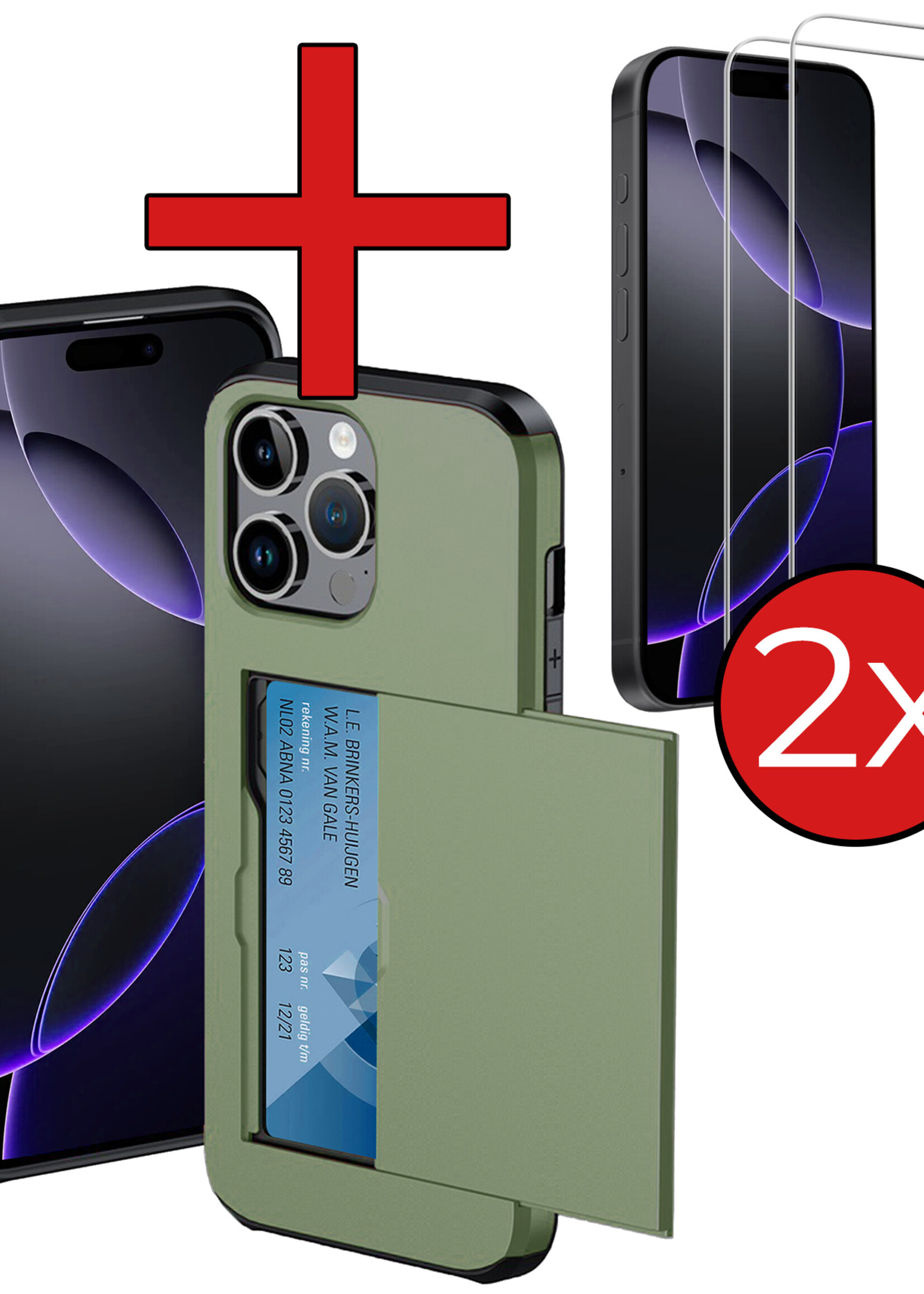 BTH Hoesje Geschikt voor iPhone 16 Pro Max Hoesje Met Pasjeshouder Hard Case Met Kaarthouder Met 2x Screenprotector - Hoes Geschikt voor iPhone 16 Pro Max Hoesje Shock Proof Case - Donkergroen