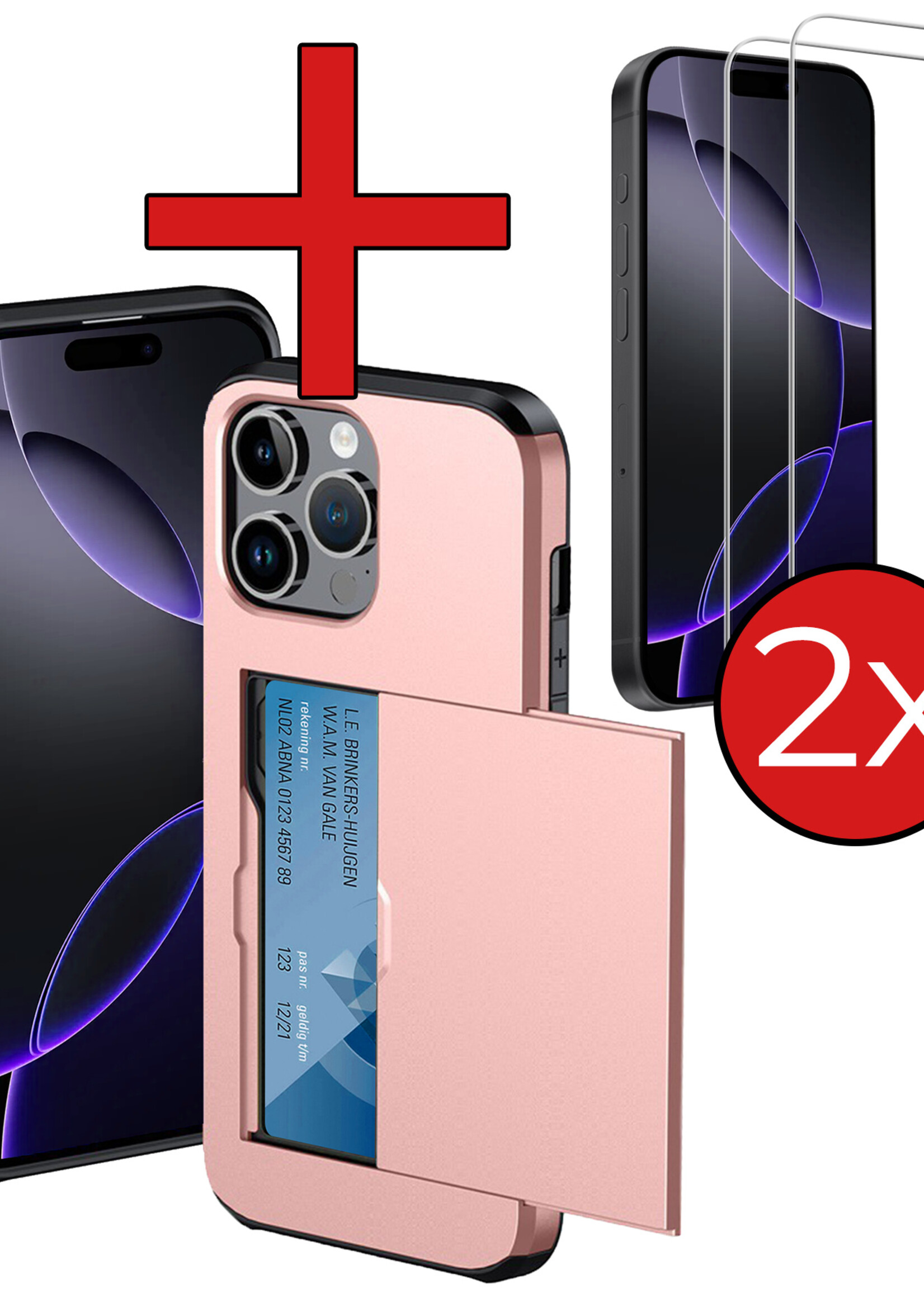 BTH Hoesje Geschikt voor iPhone 16 Pro Max Hoesje Met Pasjeshouder Hard Case Met Kaarthouder Met 2x Screenprotector - Hoes Geschikt voor iPhone 16 Pro Max Hoesje Shock Proof Case - Rosé goud