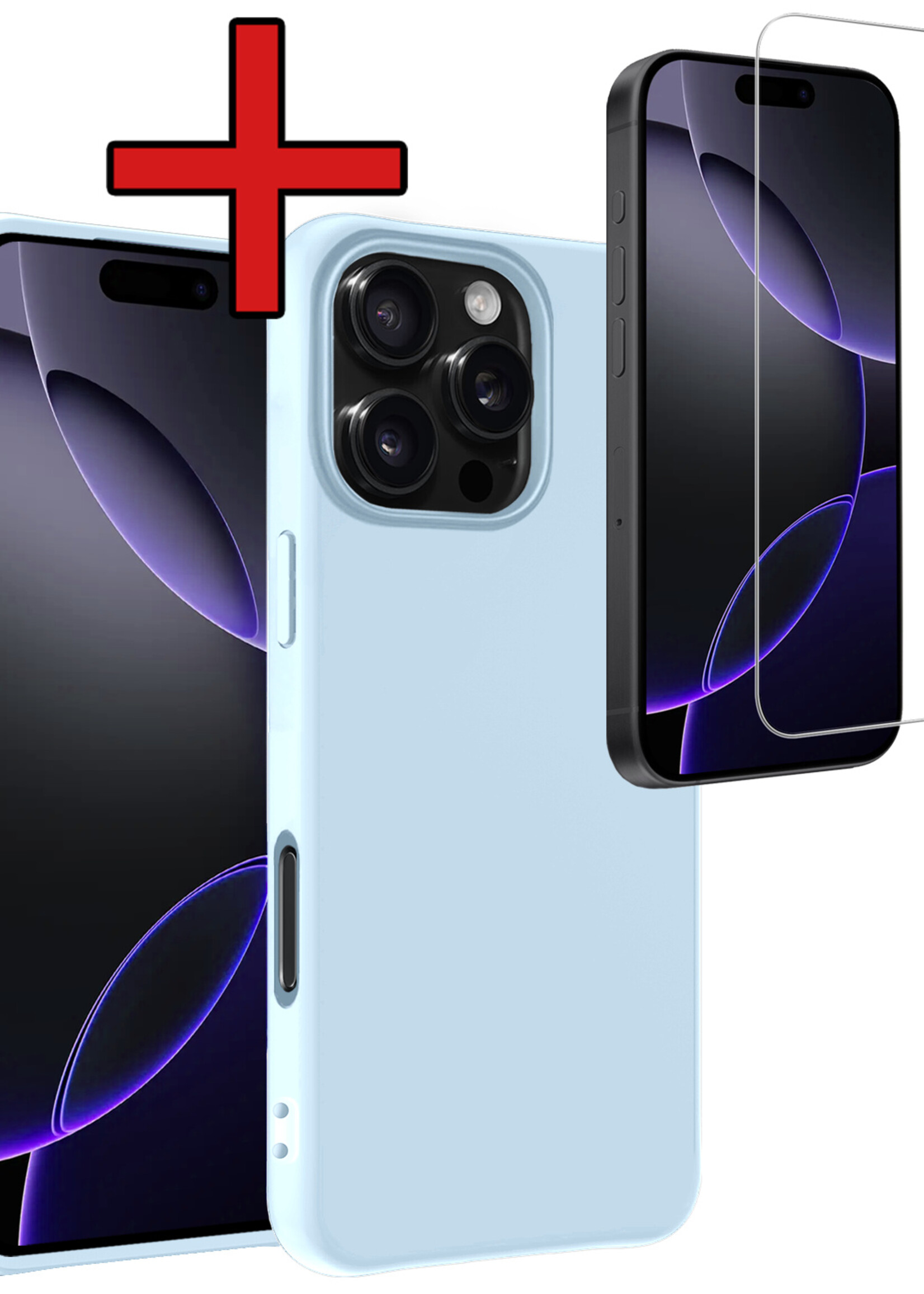 BTH Hoesje Geschikt voor iPhone 16 Pro Hoesje Siliconen Case Hoes Met Screenprotector - Hoes Geschikt voor iPhone 16 Pro Hoes Cover Case - Lichtblauw