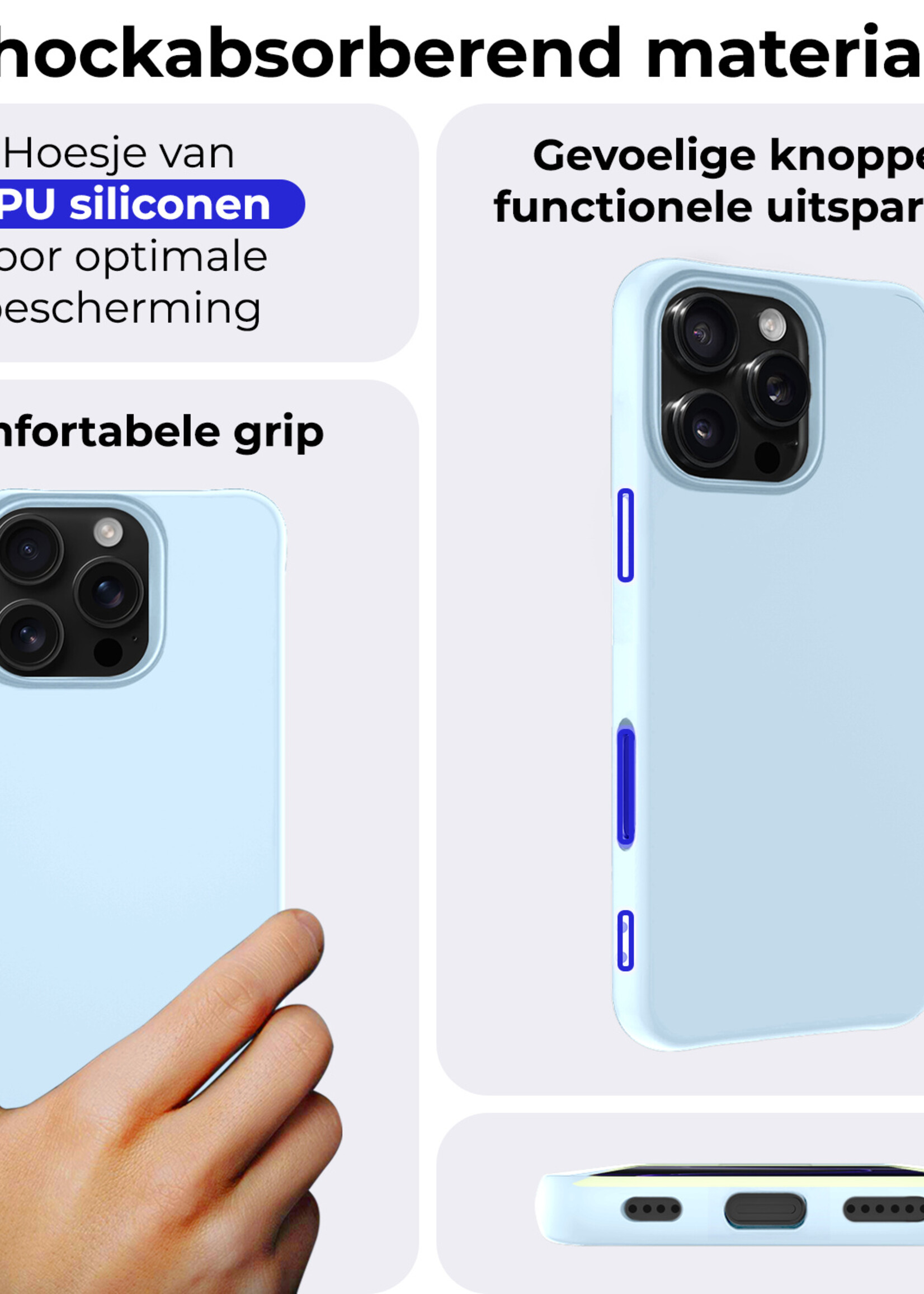 BTH Hoesje Geschikt voor iPhone 16 Pro Hoesje Siliconen Case Hoes Met Screenprotector - Hoes Geschikt voor iPhone 16 Pro Hoes Cover Case - Lichtblauw