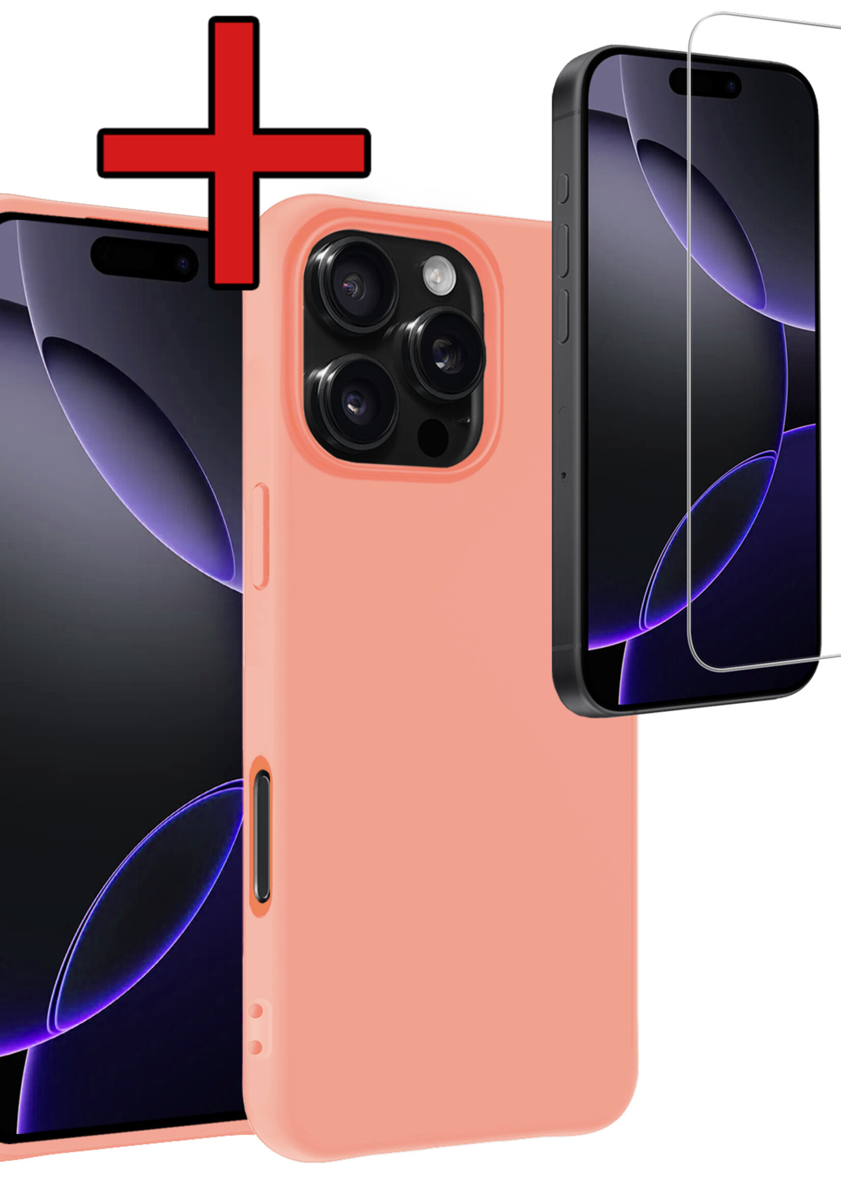 BTH Hoesje Geschikt voor iPhone 16 Pro Hoesje Siliconen Case Hoes Met Screenprotector - Hoes Geschikt voor iPhone 16 Pro Hoes Cover Case - Perzik