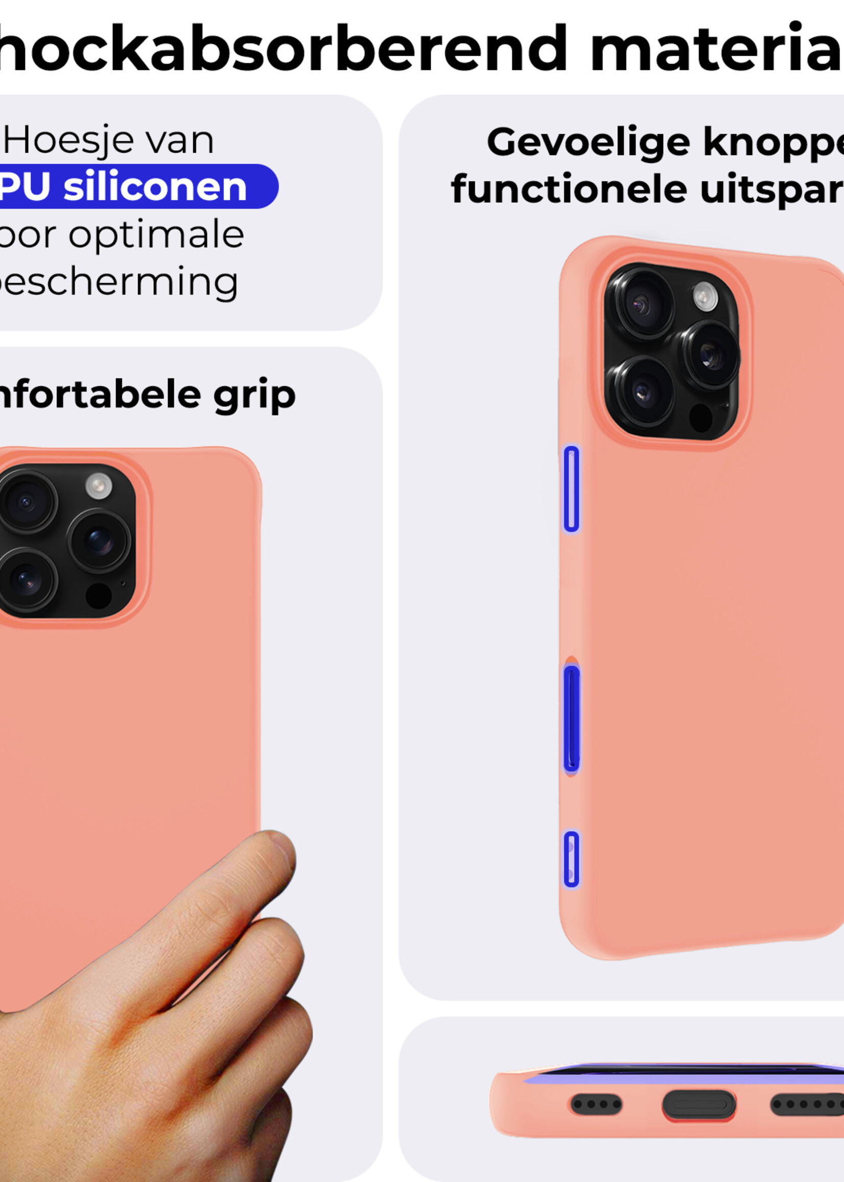 BTH Hoesje Geschikt voor iPhone 16 Pro Hoesje Siliconen Case Hoes Met Screenprotector - Hoes Geschikt voor iPhone 16 Pro Hoes Cover Case - Perzik