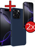 BTH BTH iPhone 16 Pro Hoesje Siliconen Met 2x Screenprotector Met Dichte Notch - Donkerblauw