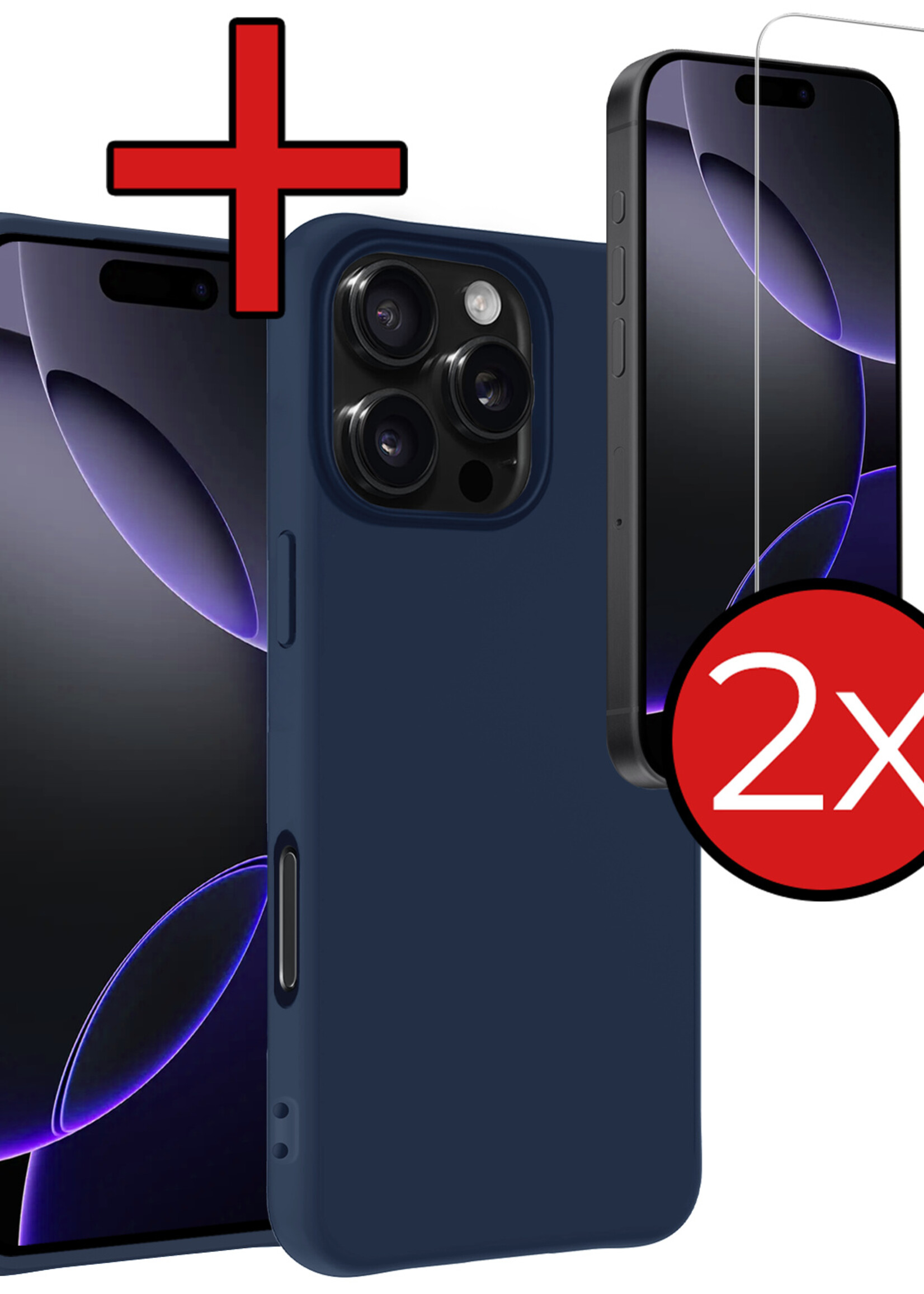BTH Hoesje Geschikt voor iPhone 16 Pro Hoesje Siliconen Case Hoes Met 2x Screenprotector - Hoes Geschikt voor iPhone 16 Pro Hoes Cover Case - Donkerblauw
