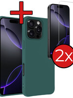 BTH BTH iPhone 16 Pro Hoesje Siliconen Met 2x Screenprotector Met Dichte Notch - Donkergroen