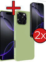 BTH BTH iPhone 16 Pro Hoesje Siliconen Met 2x Screenprotector Met Dichte Notch - Groen