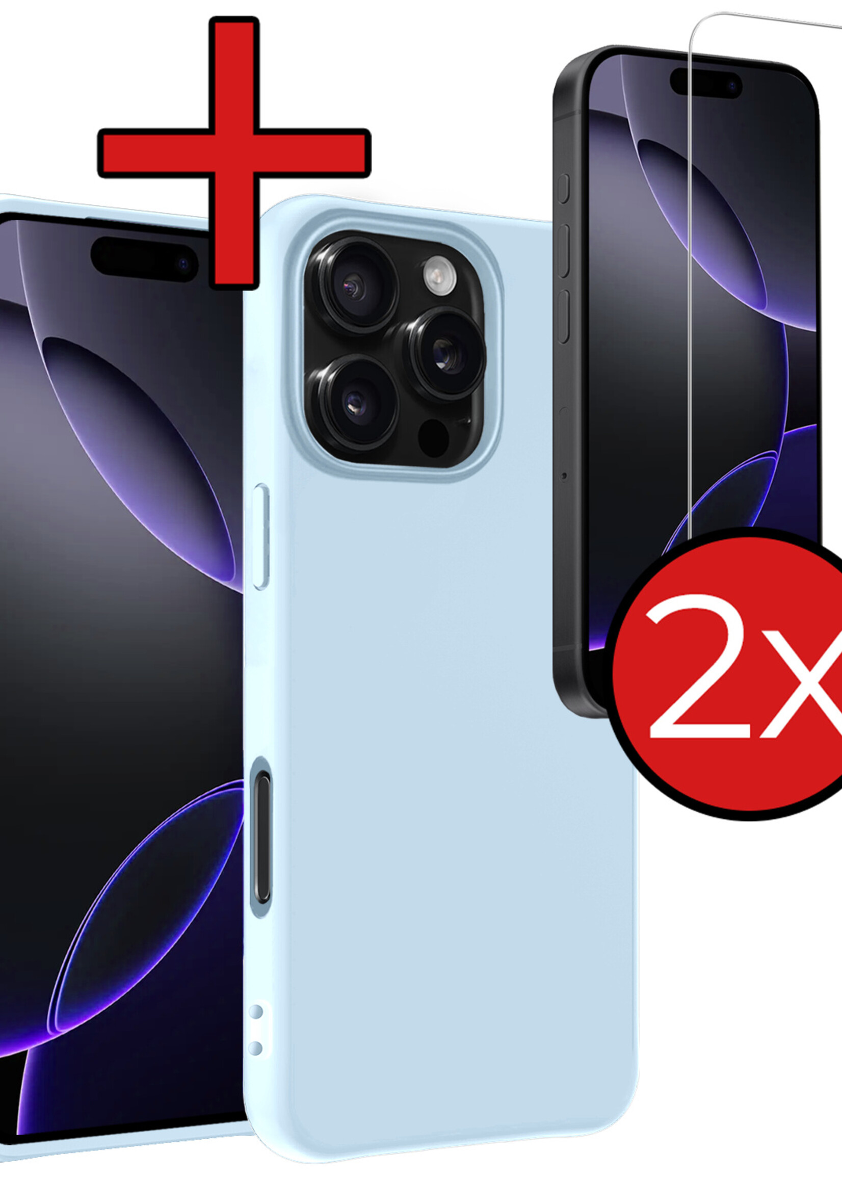 BTH Hoesje Geschikt voor iPhone 16 Pro Hoesje Siliconen Case Hoes Met 2x Screenprotector - Hoes Geschikt voor iPhone 16 Pro Hoes Cover Case - Lichtblauw