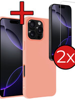BTH BTH iPhone 16 Pro Hoesje Siliconen Met 2x Screenprotector Met Dichte Notch - Perzik