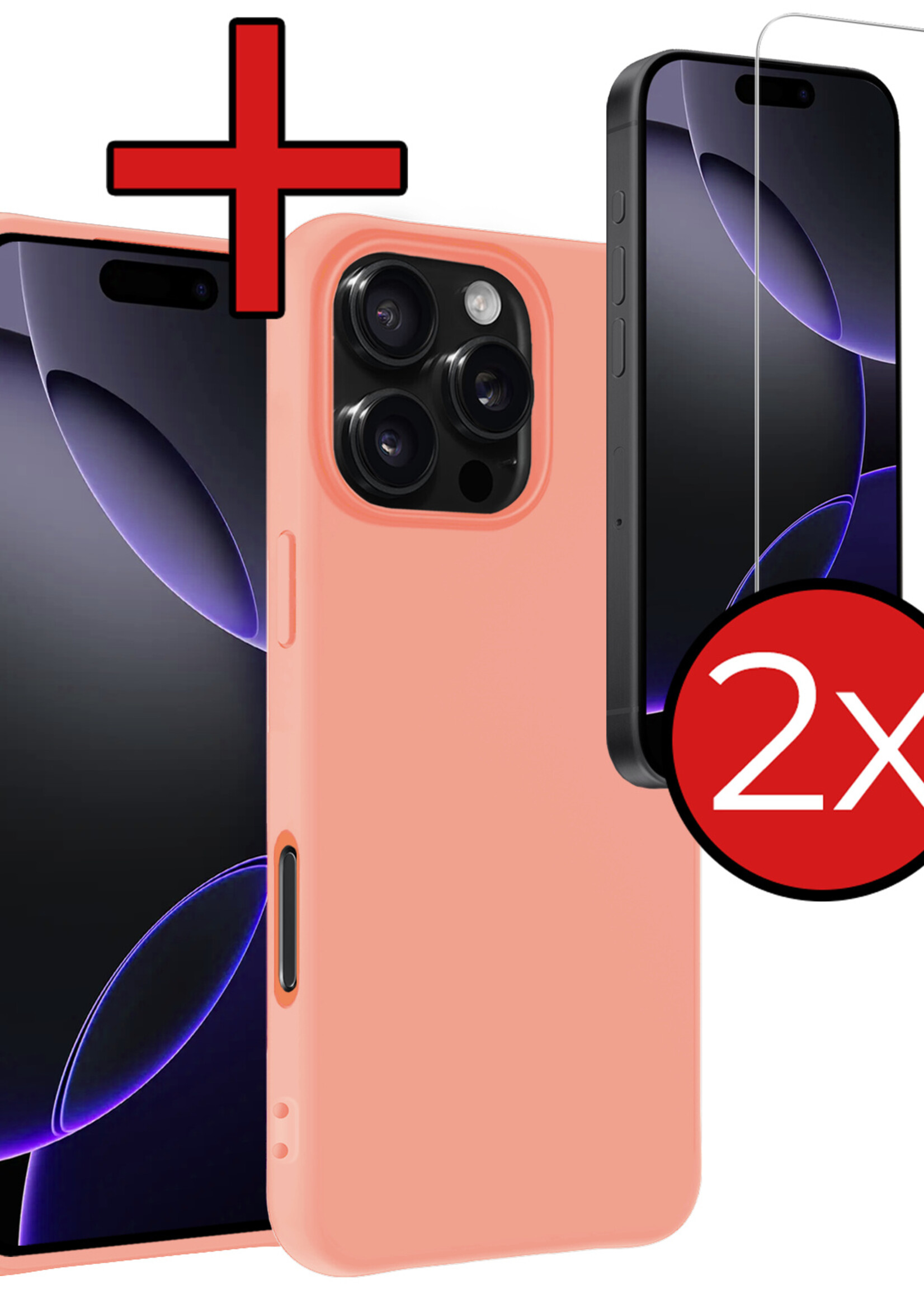 BTH Hoesje Geschikt voor iPhone 16 Pro Hoesje Siliconen Case Hoes Met 2x Screenprotector - Hoes Geschikt voor iPhone 16 Pro Hoes Cover Case - Perzik