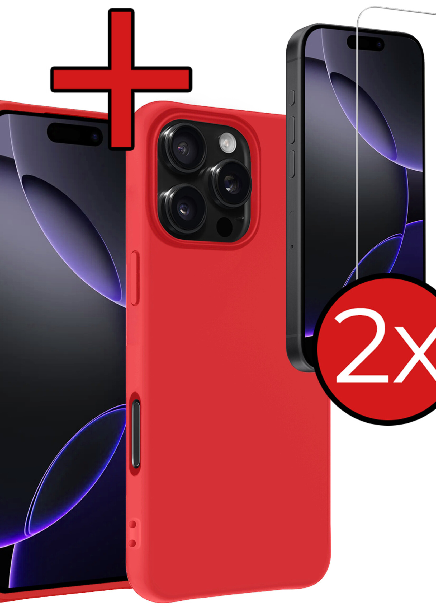 BTH Hoesje Geschikt voor iPhone 16 Pro Hoesje Siliconen Case Hoes Met 2x Screenprotector - Hoes Geschikt voor iPhone 16 Pro Hoes Cover Case - Rood