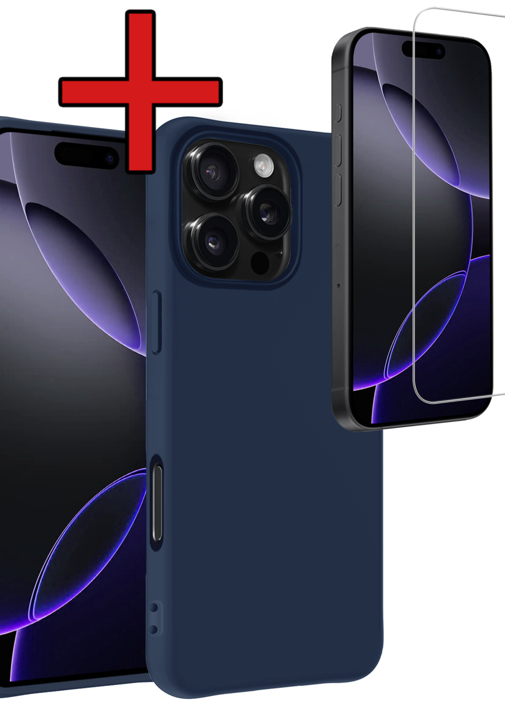 BTH Hoesje Geschikt voor iPhone 16 Pro Max Hoesje Siliconen Case Hoes Met Screenprotector - Hoes Geschikt voor iPhone 16 Pro Max Hoes Cover Case - Donkerblauw