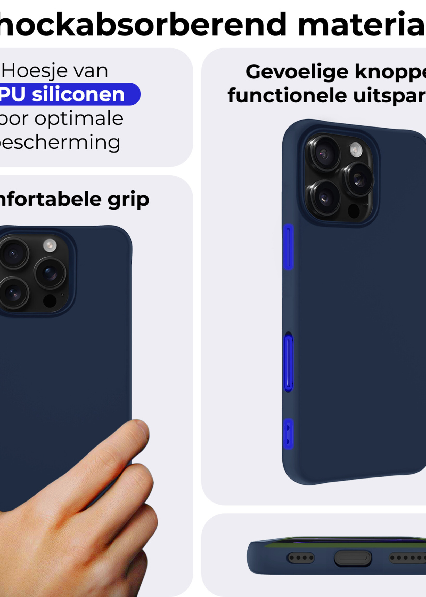 BTH Hoesje Geschikt voor iPhone 16 Pro Max Hoesje Siliconen Case Hoes Met 2x Screenprotector - Hoes Geschikt voor iPhone 16 Pro Max Hoes Cover Case - Donkerblauw