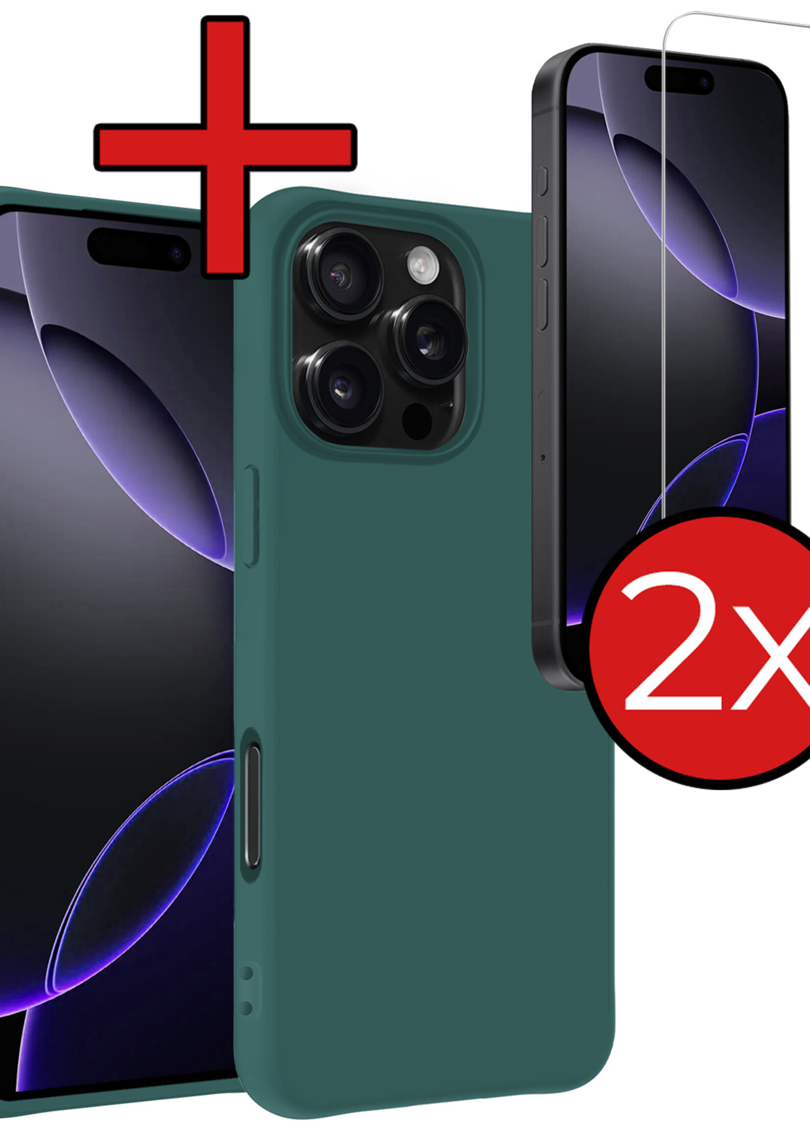 BTH Hoesje Geschikt voor iPhone 16 Pro Max Hoesje Siliconen Case Hoes Met 2x Screenprotector - Hoes Geschikt voor iPhone 16 Pro Max Hoes Cover Case - Donkergroen