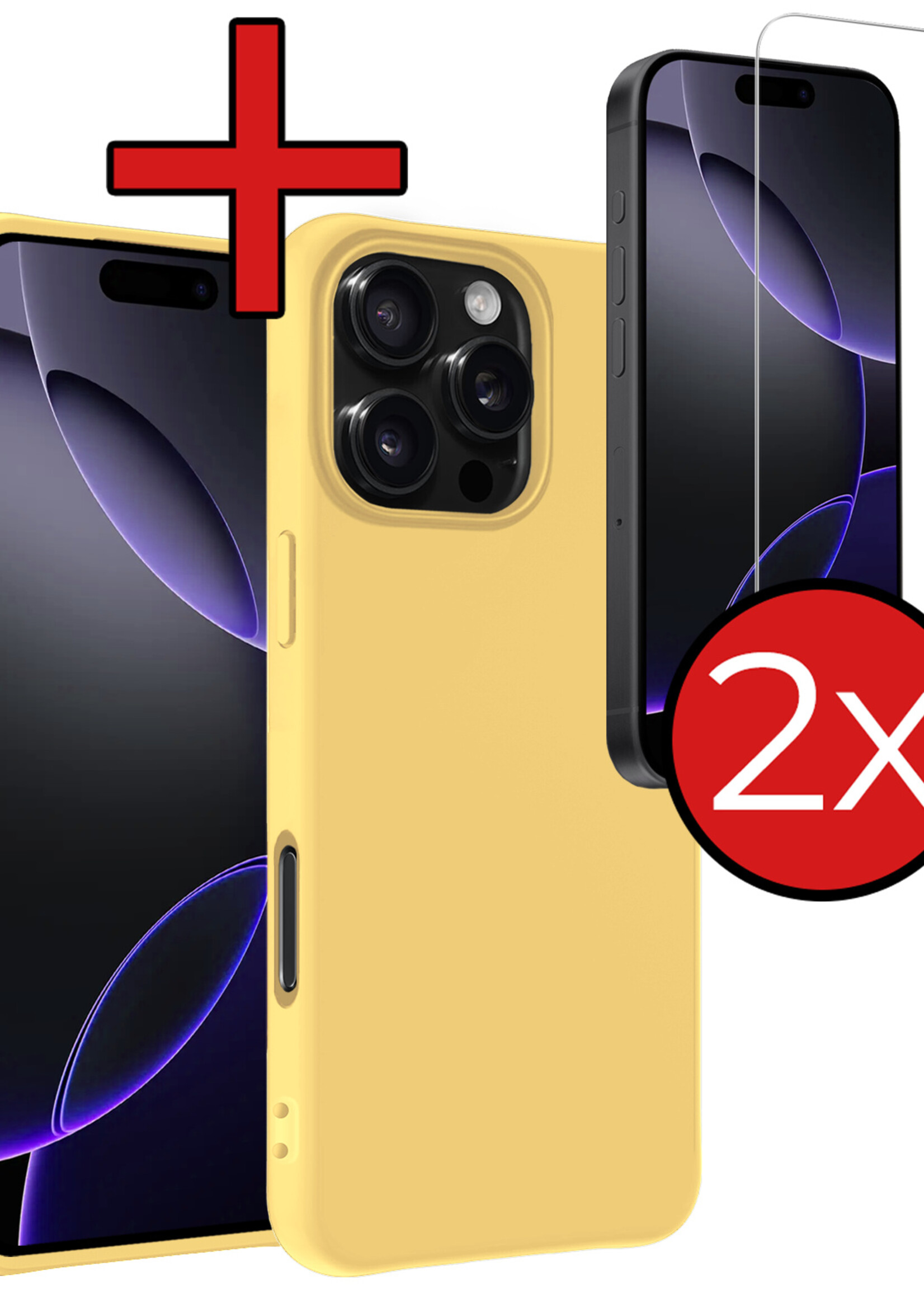 BTH Hoesje Geschikt voor iPhone 16 Pro Max Hoesje Siliconen Case Hoes Met 2x Screenprotector - Hoes Geschikt voor iPhone 16 Pro Max Hoes Cover Case - Geel