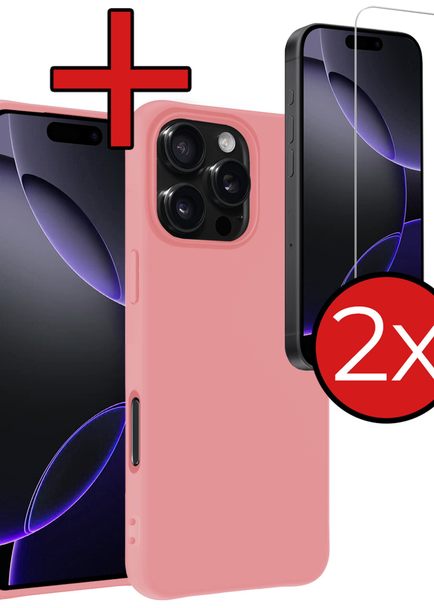 BTH Hoesje Geschikt voor iPhone 16 Pro Max Hoesje Siliconen Case Hoes Met 2x Screenprotector - Hoes Geschikt voor iPhone 16 Pro Max Hoes Cover Case - Lichtroze