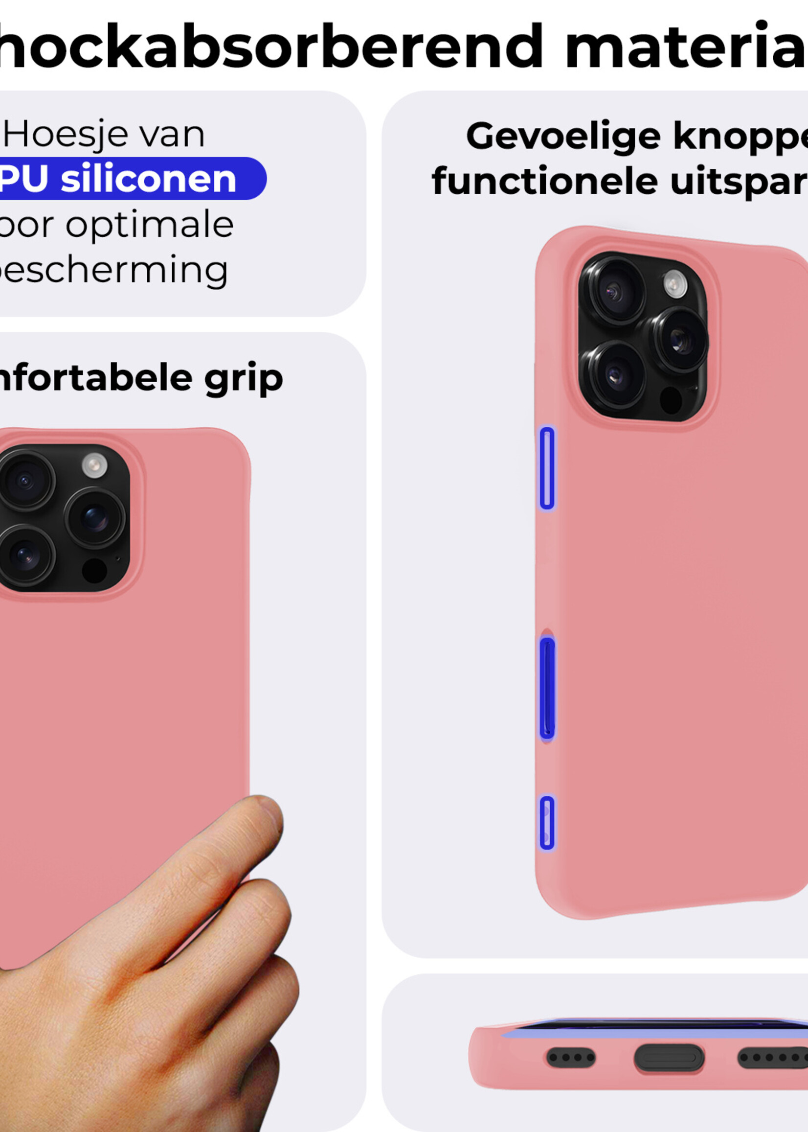 BTH Hoesje Geschikt voor iPhone 16 Pro Max Hoesje Siliconen Case Hoes Met 2x Screenprotector - Hoes Geschikt voor iPhone 16 Pro Max Hoes Cover Case - Lichtroze