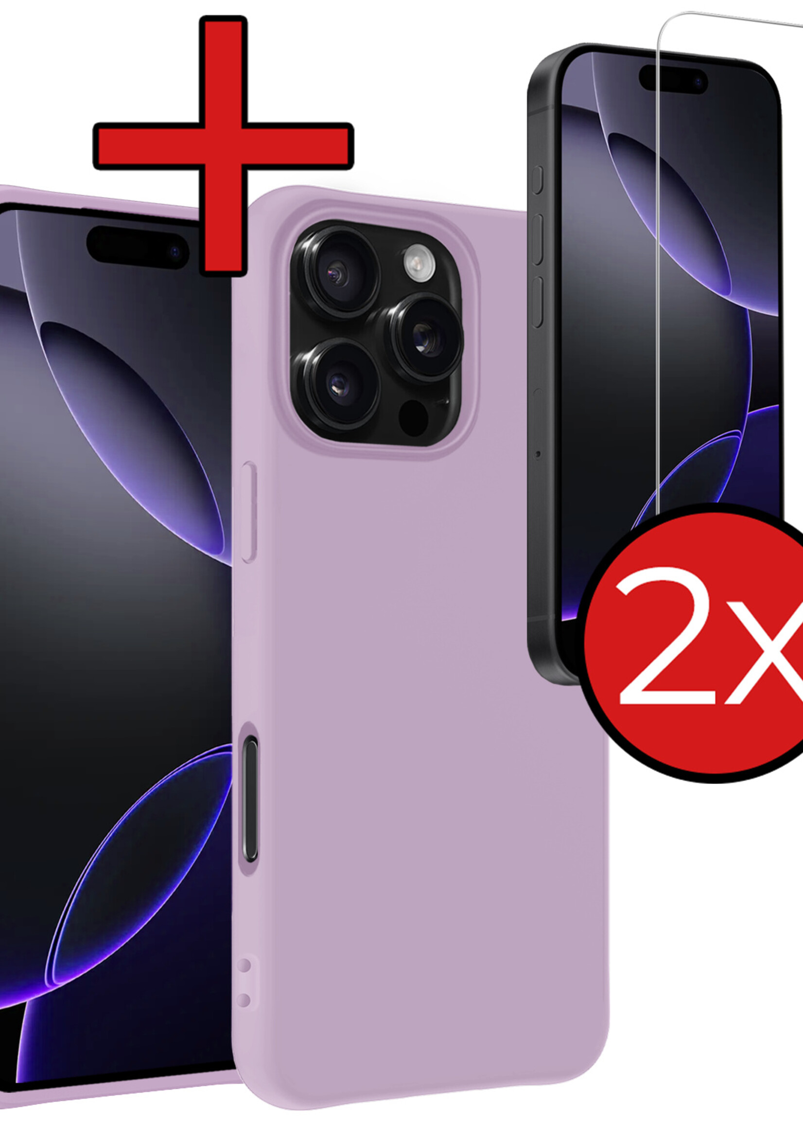 BTH Hoesje Geschikt voor iPhone 16 Pro Max Hoesje Siliconen Case Hoes Met 2x Screenprotector - Hoes Geschikt voor iPhone 16 Pro Max Hoes Cover Case - Lila