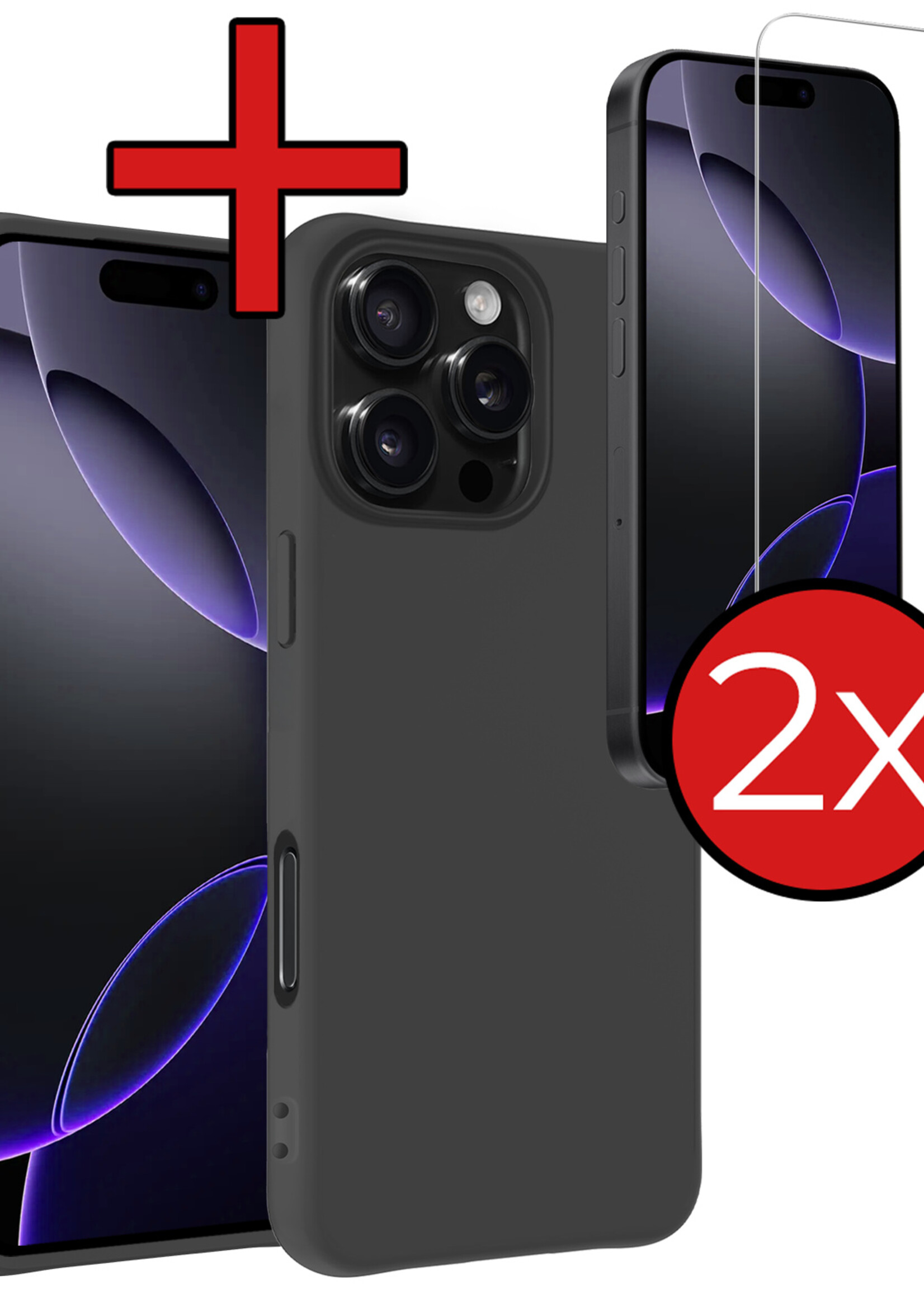 BTH Hoesje Geschikt voor iPhone 16 Pro Max Hoesje Siliconen Case Hoes Met 2x Screenprotector - Hoes Geschikt voor iPhone 16 Pro Max Hoes Cover Case - Zwart