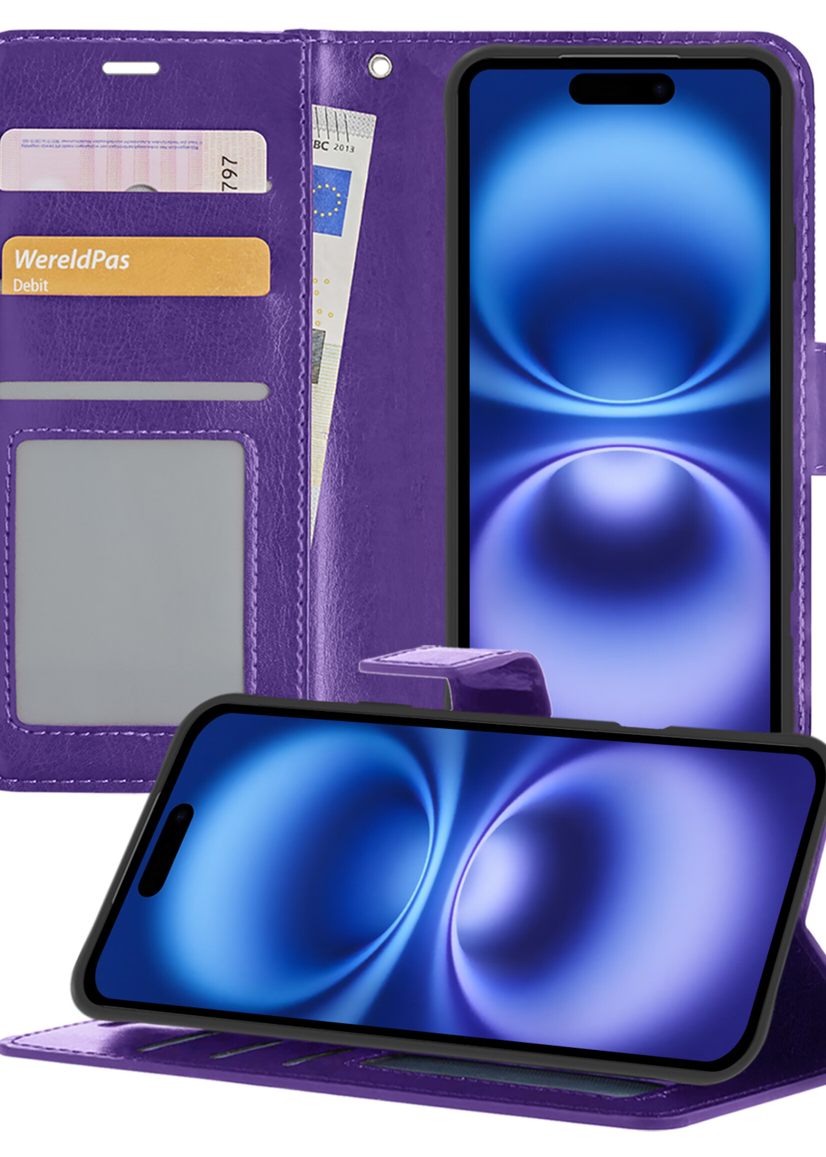 BTH Hoesje Geschikt voor iPhone 16 Hoesje Book Case Hoes Portemonnee Cover Walletcase - Hoes Geschikt voor iPhone 16 Hoes Bookcase Hoesje - Paars