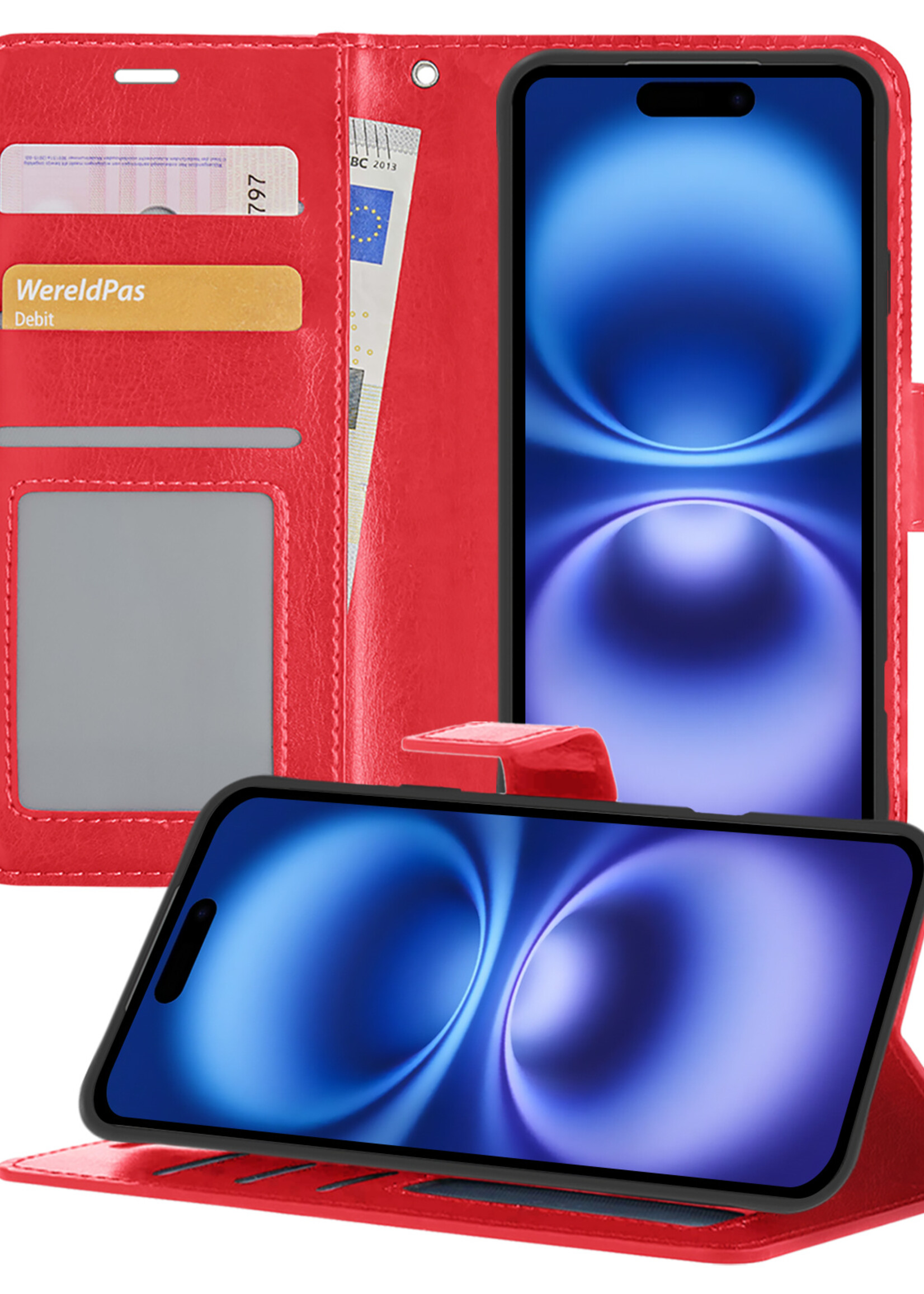 BTH Hoesje Geschikt voor iPhone 16 Hoesje Book Case Hoes Portemonnee Cover Walletcase - Hoes Geschikt voor iPhone 16 Hoes Bookcase Hoesje - Rood