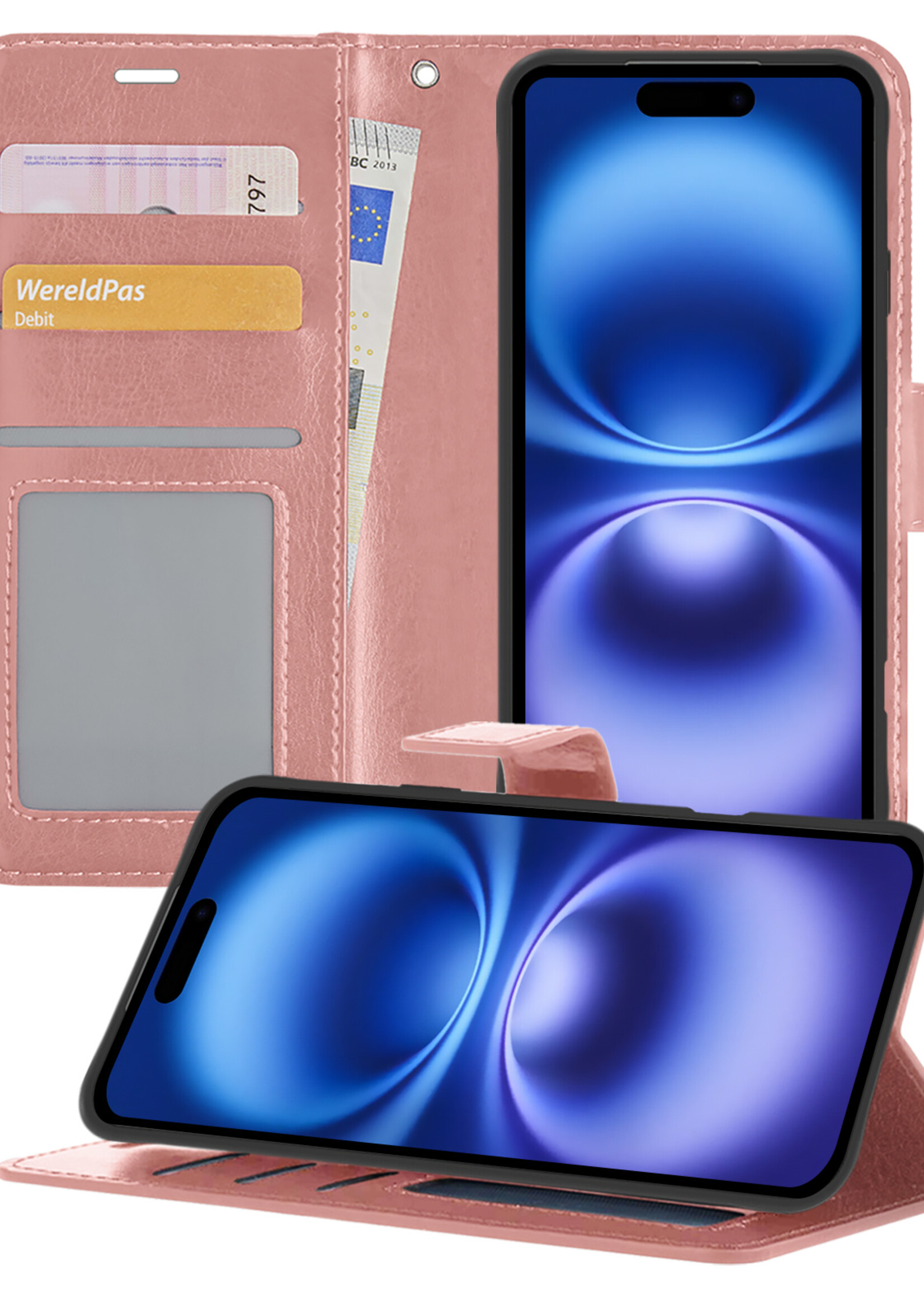 BTH Hoesje Geschikt voor iPhone 16 Hoesje Book Case Hoes Portemonnee Cover Walletcase - Hoes Geschikt voor iPhone 16 Hoes Bookcase Hoesje - Rosé goud