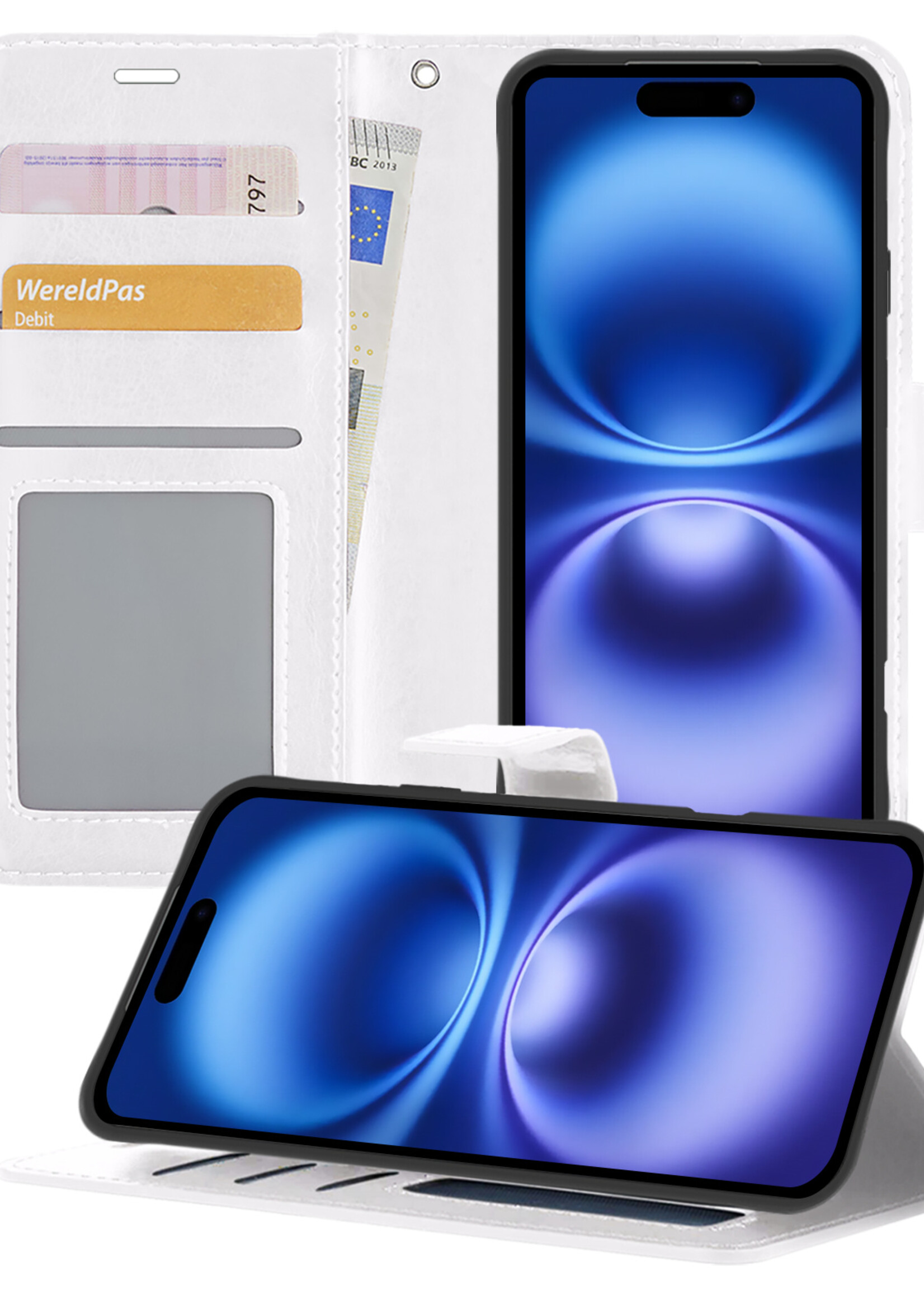 BTH Hoesje Geschikt voor iPhone 16 Hoesje Book Case Hoes Portemonnee Cover Walletcase - Hoes Geschikt voor iPhone 16 Hoes Bookcase Hoesje - Wit