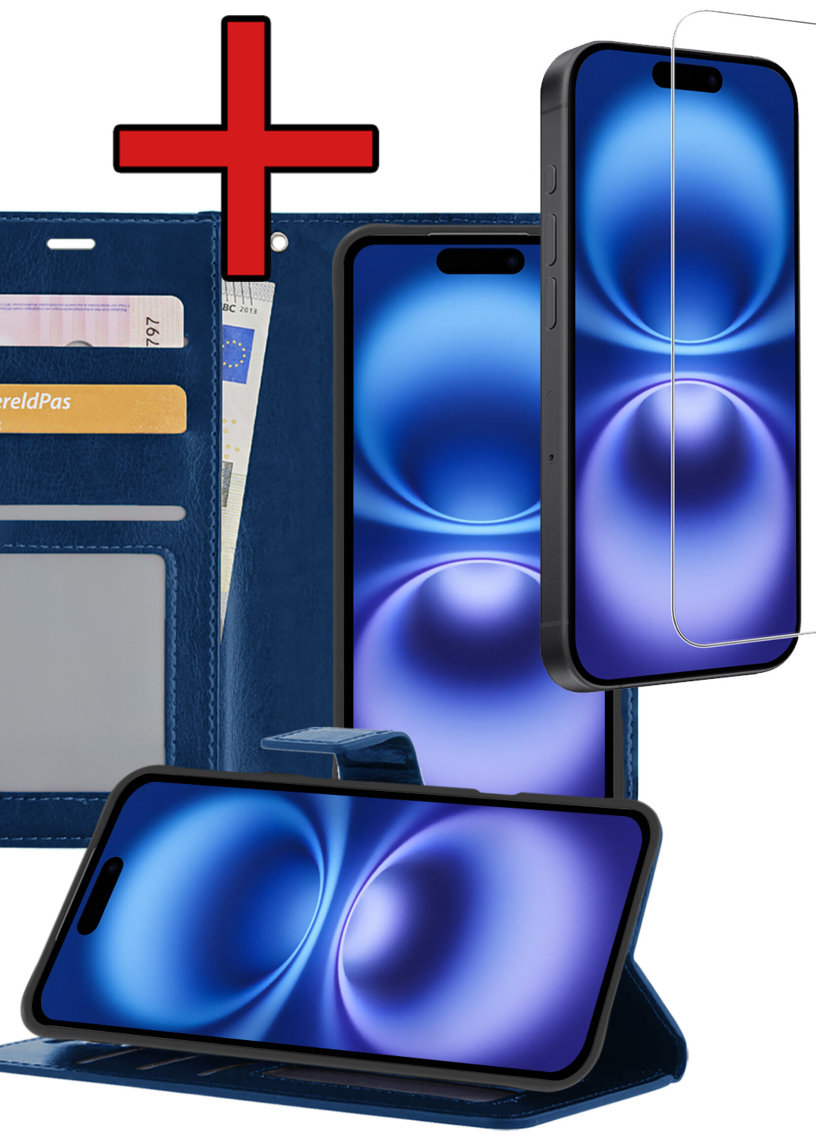 BTH Hoesje Geschikt voor iPhone 16 Hoesje Book Case Hoes Portemonnee Cover Walletcase Met Screenprotector - Hoes Geschikt voor iPhone 16 Hoes Bookcase Hoesje - Donkerblauw