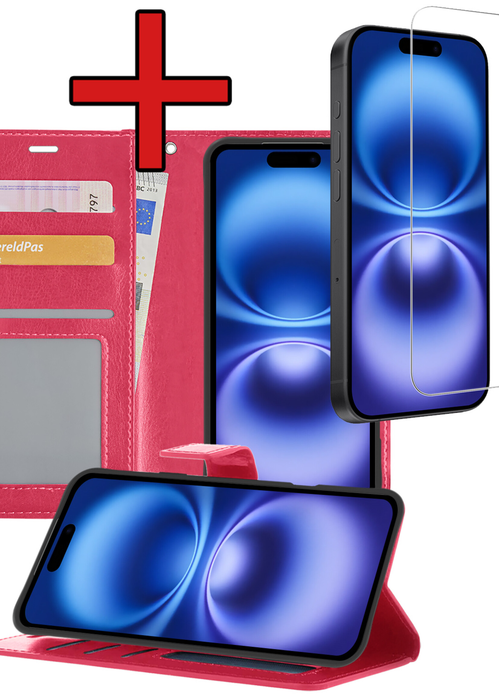 BTH Hoesje Geschikt voor iPhone 16 Hoesje Book Case Hoes Portemonnee Cover Walletcase Met Screenprotector - Hoes Geschikt voor iPhone 16 Hoes Bookcase Hoesje - Donkerroze