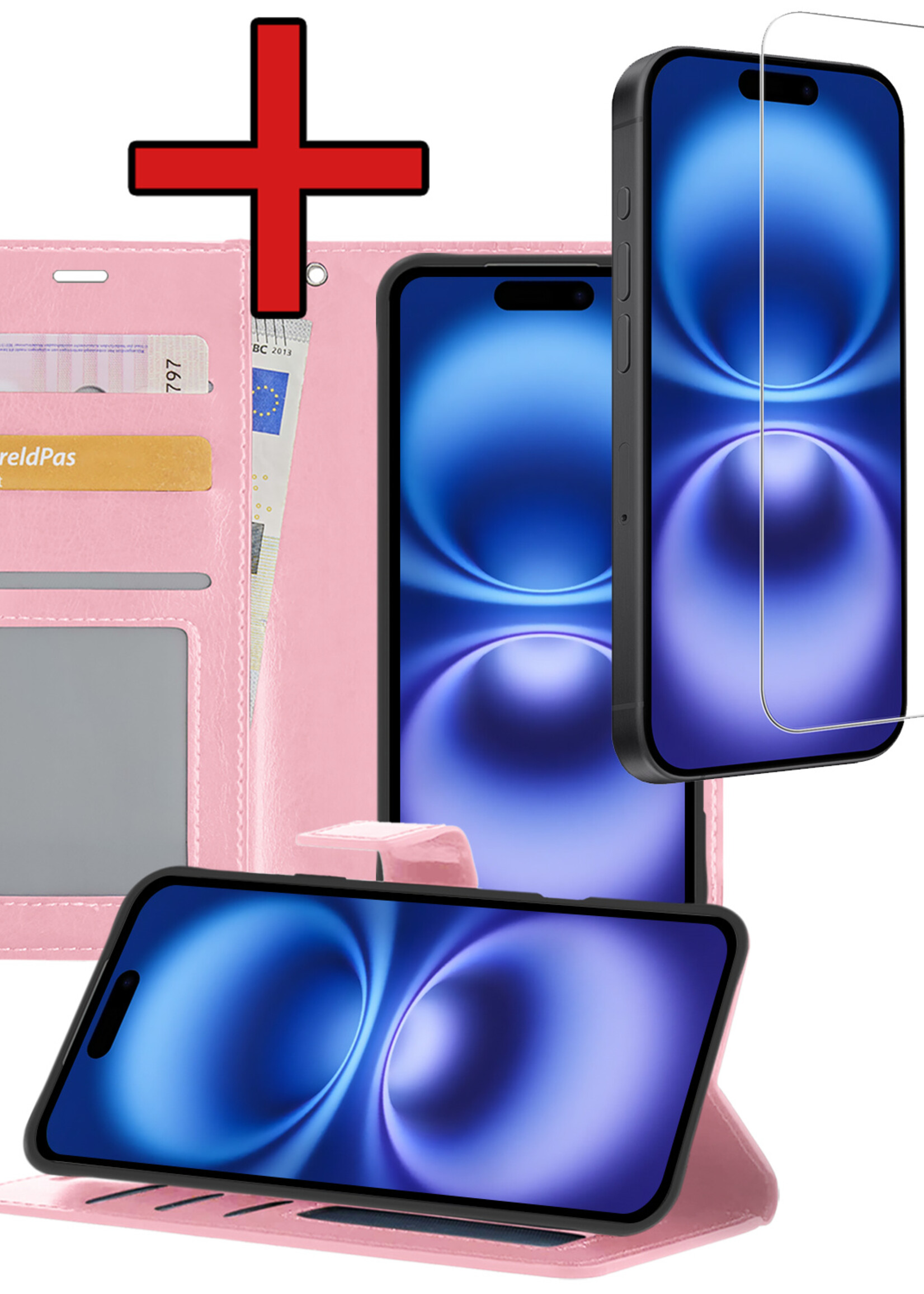 BTH Hoesje Geschikt voor iPhone 16 Hoesje Book Case Hoes Portemonnee Cover Walletcase Met Screenprotector - Hoes Geschikt voor iPhone 16 Hoes Bookcase Hoesje - Lichtroze