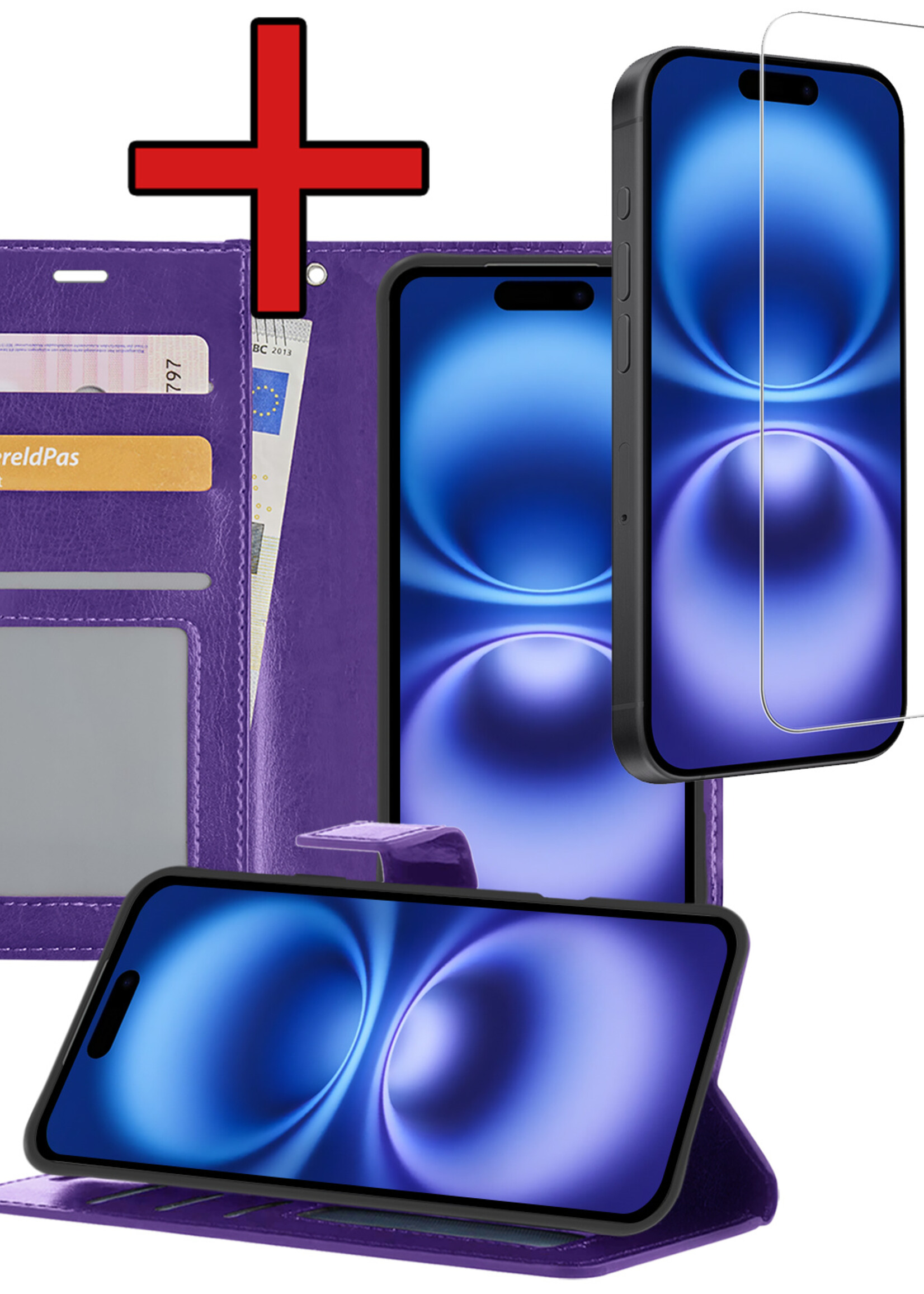 BTH Hoesje Geschikt voor iPhone 16 Hoesje Book Case Hoes Portemonnee Cover Walletcase Met Screenprotector - Hoes Geschikt voor iPhone 16 Hoes Bookcase Hoesje - Paars