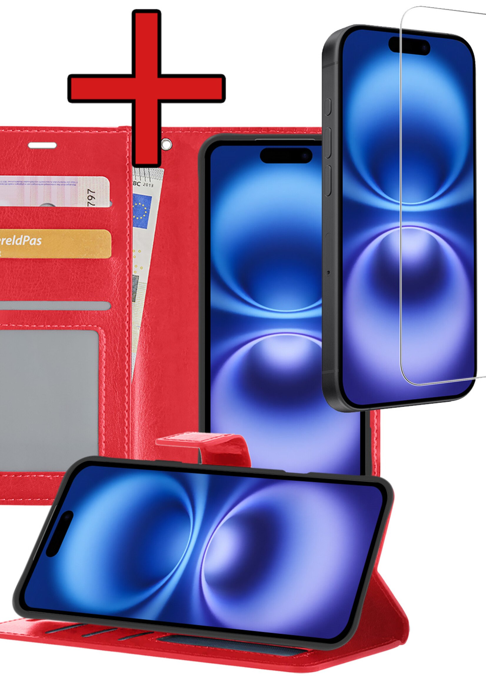 BTH Hoesje Geschikt voor iPhone 16 Hoesje Book Case Hoes Portemonnee Cover Walletcase Met Screenprotector - Hoes Geschikt voor iPhone 16 Hoes Bookcase Hoesje - Rood