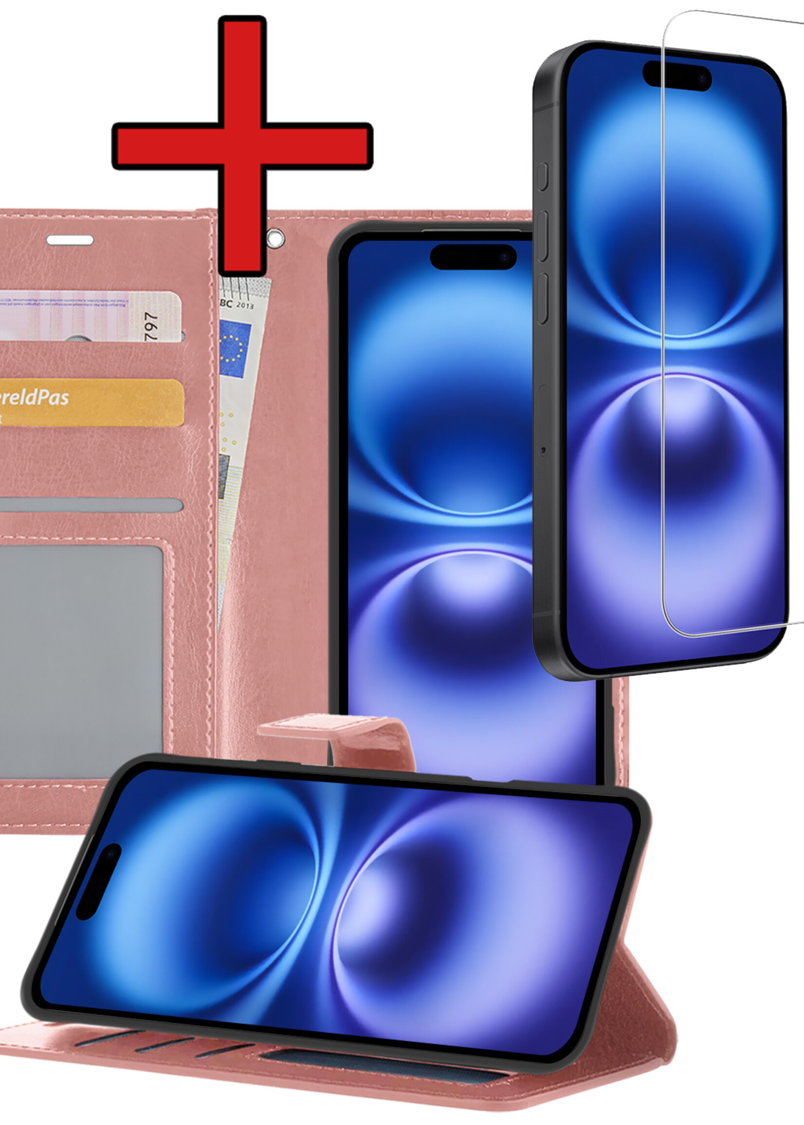 BTH Hoesje Geschikt voor iPhone 16 Hoesje Book Case Hoes Portemonnee Cover Walletcase Met Screenprotector - Hoes Geschikt voor iPhone 16 Hoes Bookcase Hoesje - Rosé goud