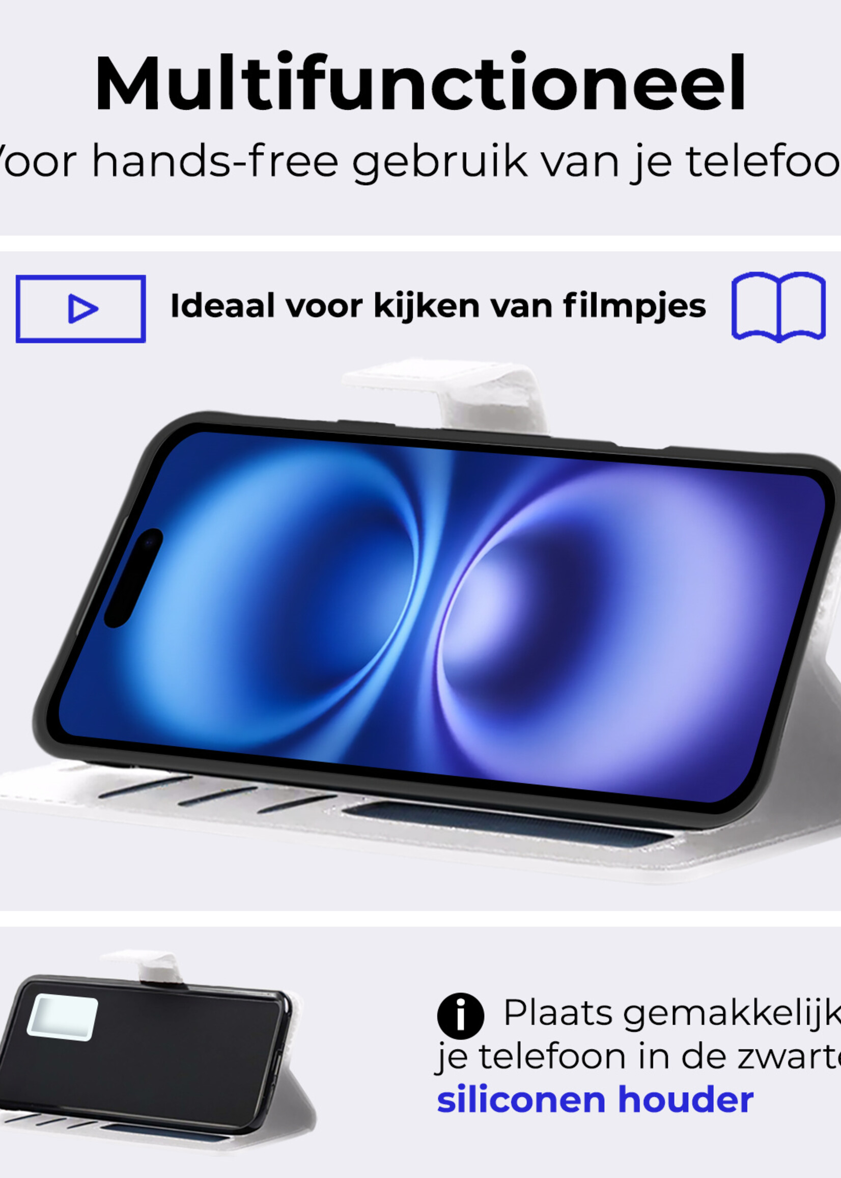 BTH Hoesje Geschikt voor iPhone 16 Hoesje Book Case Hoes Portemonnee Cover Walletcase Met Screenprotector - Hoes Geschikt voor iPhone 16 Hoes Bookcase Hoesje - Wit