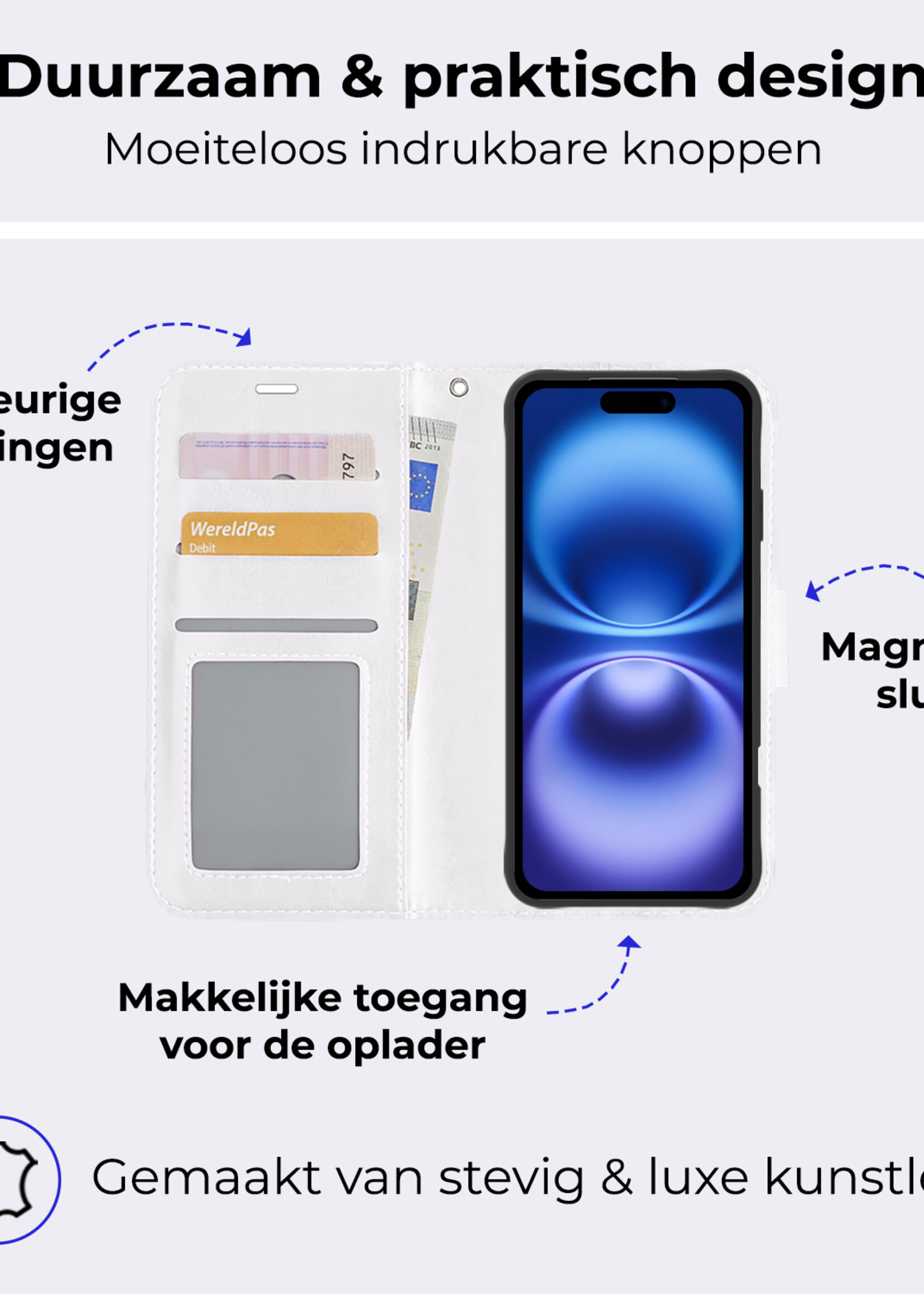 BTH Hoesje Geschikt voor iPhone 16 Hoesje Book Case Hoes Portemonnee Cover Walletcase Met Screenprotector - Hoes Geschikt voor iPhone 16 Hoes Bookcase Hoesje - Wit
